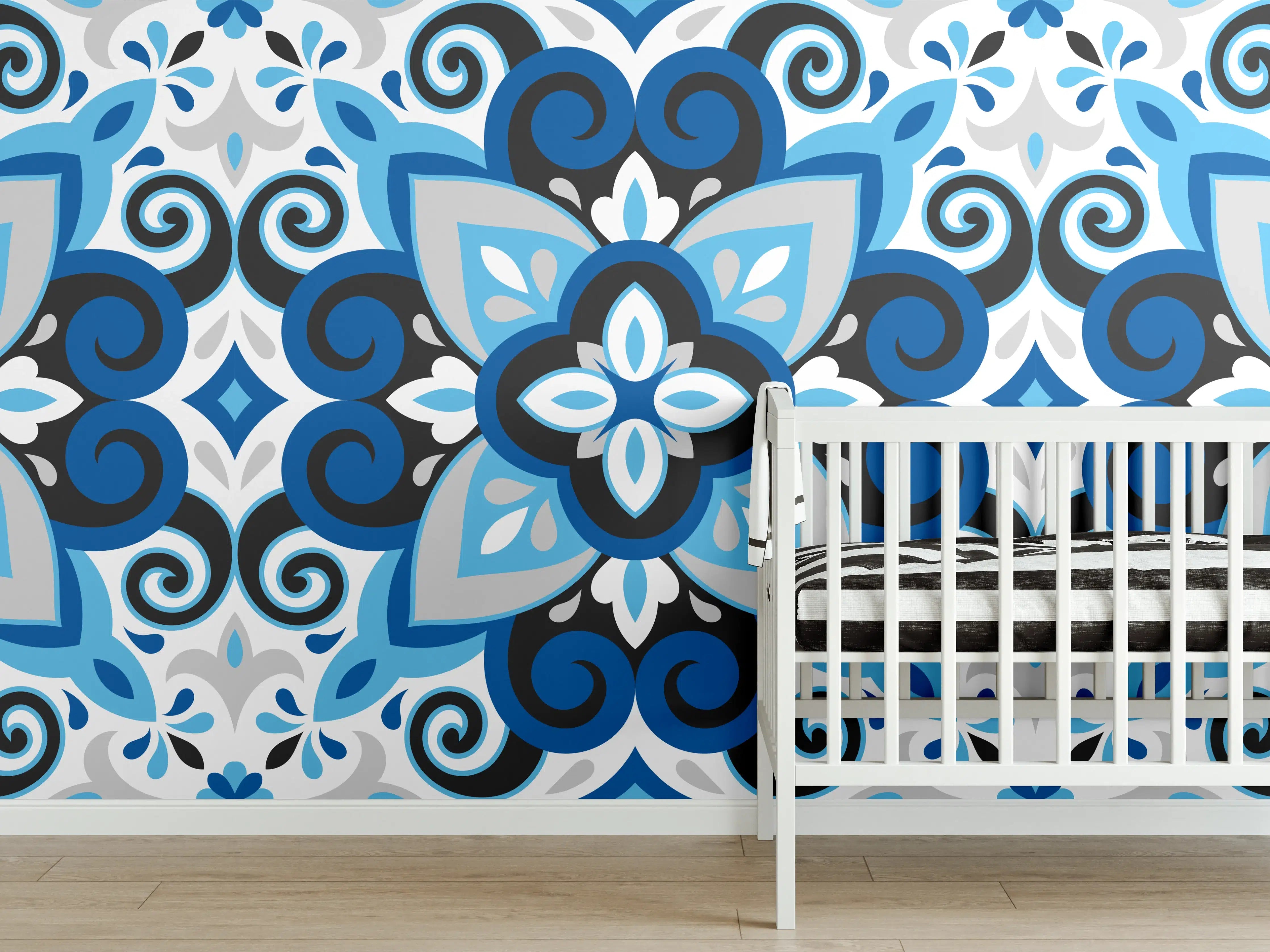 Babyzimmer Wandgestaltung - Blau-weißes Musterdesign mit subtilen Grautönen