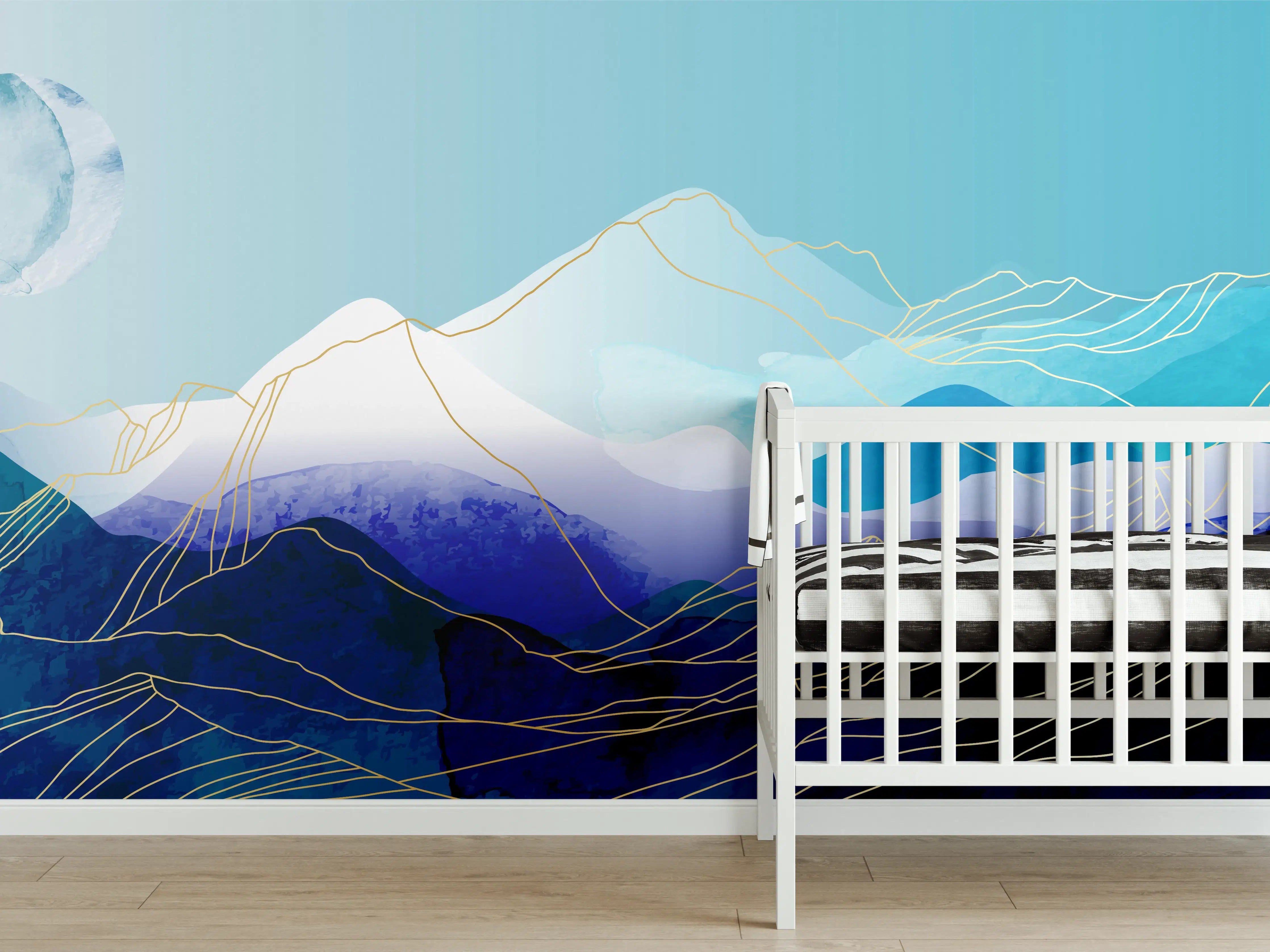 Babyzimmer Wandgestaltung - Blaue Berge Aquarell Illustration