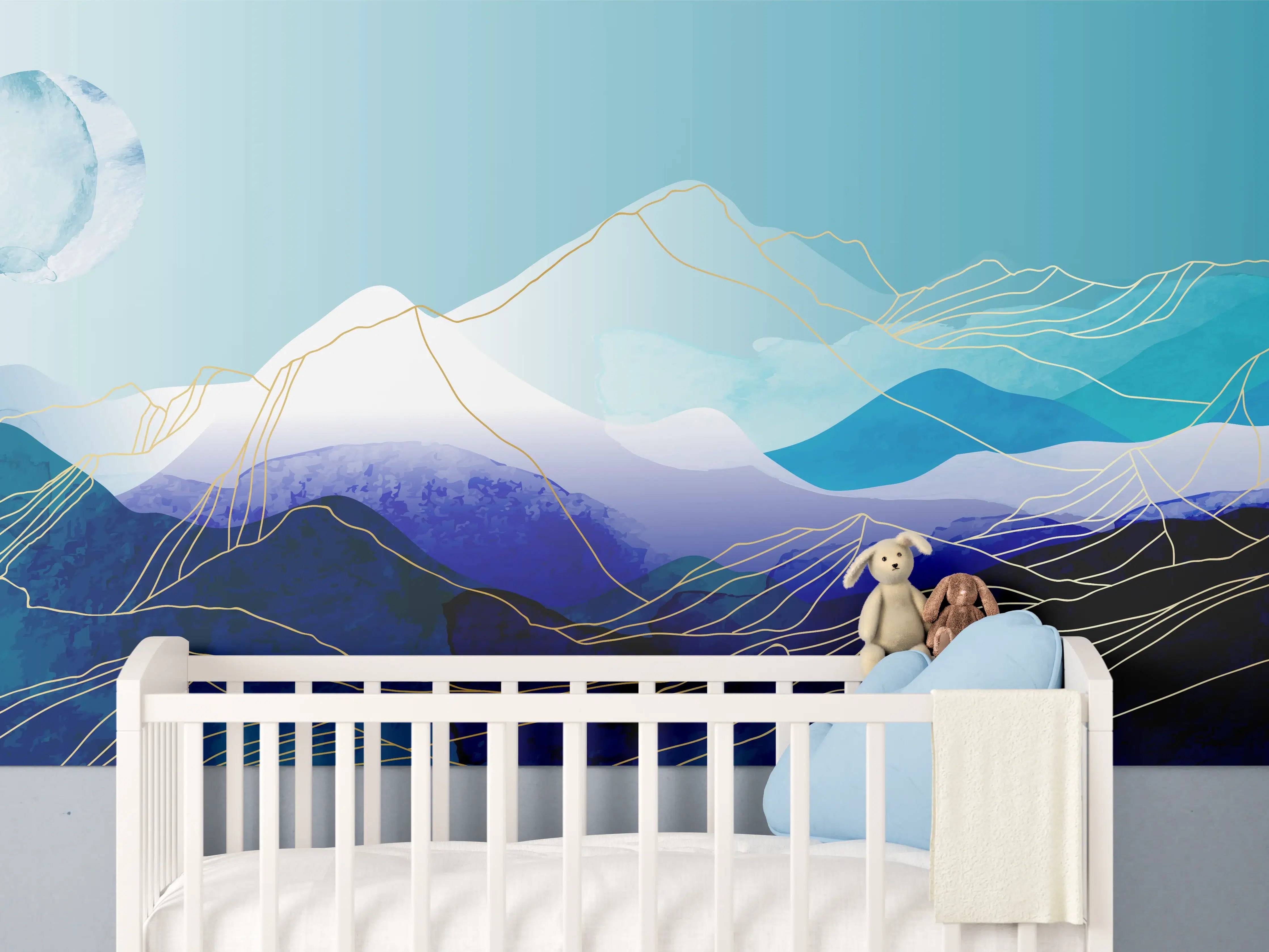Babyzimmer Wandgestaltung - Blaue Berge Aquarell Illustration