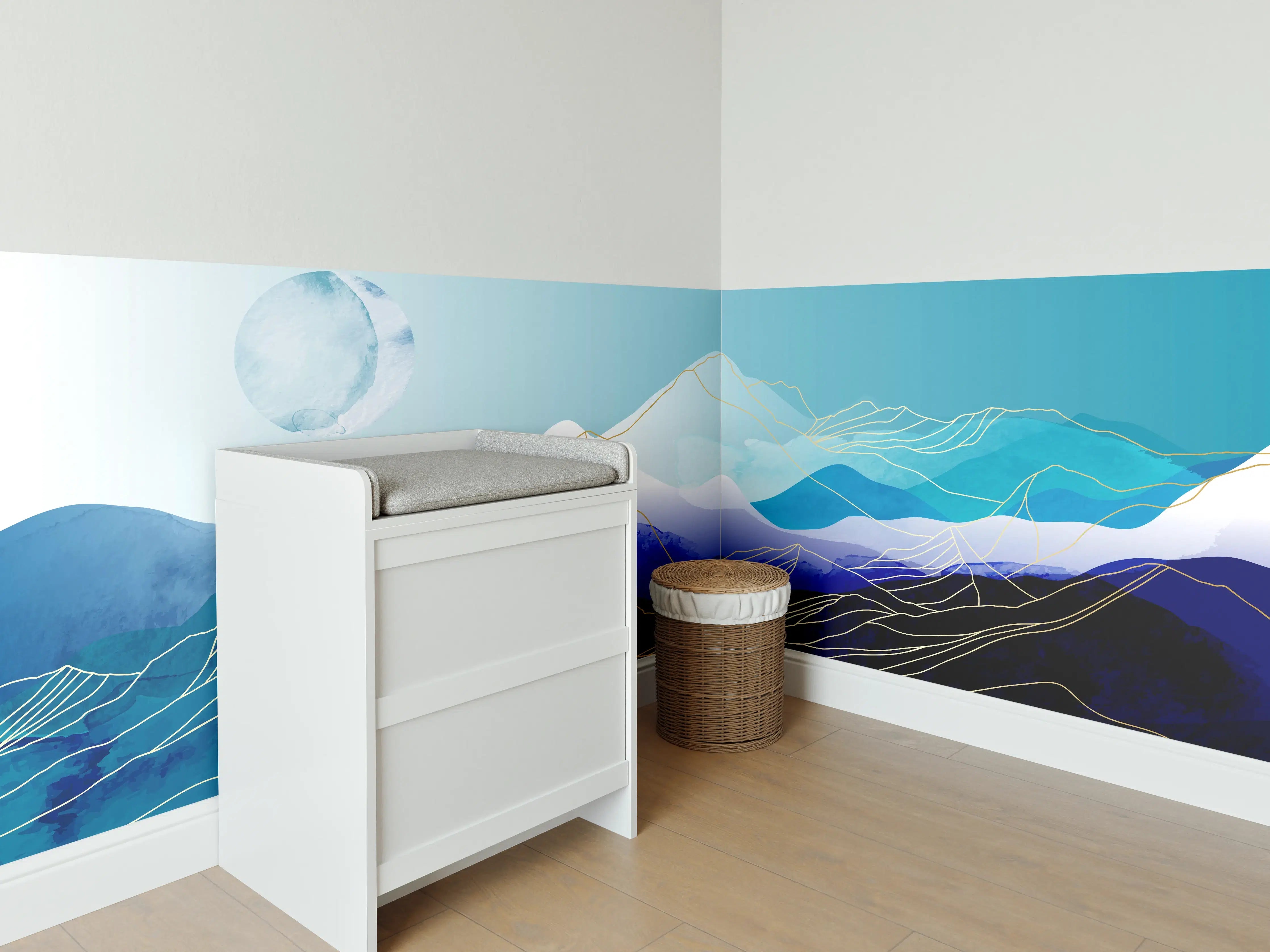 Babyzimmer Wandgestaltung - Blaue Berge Aquarell Illustration