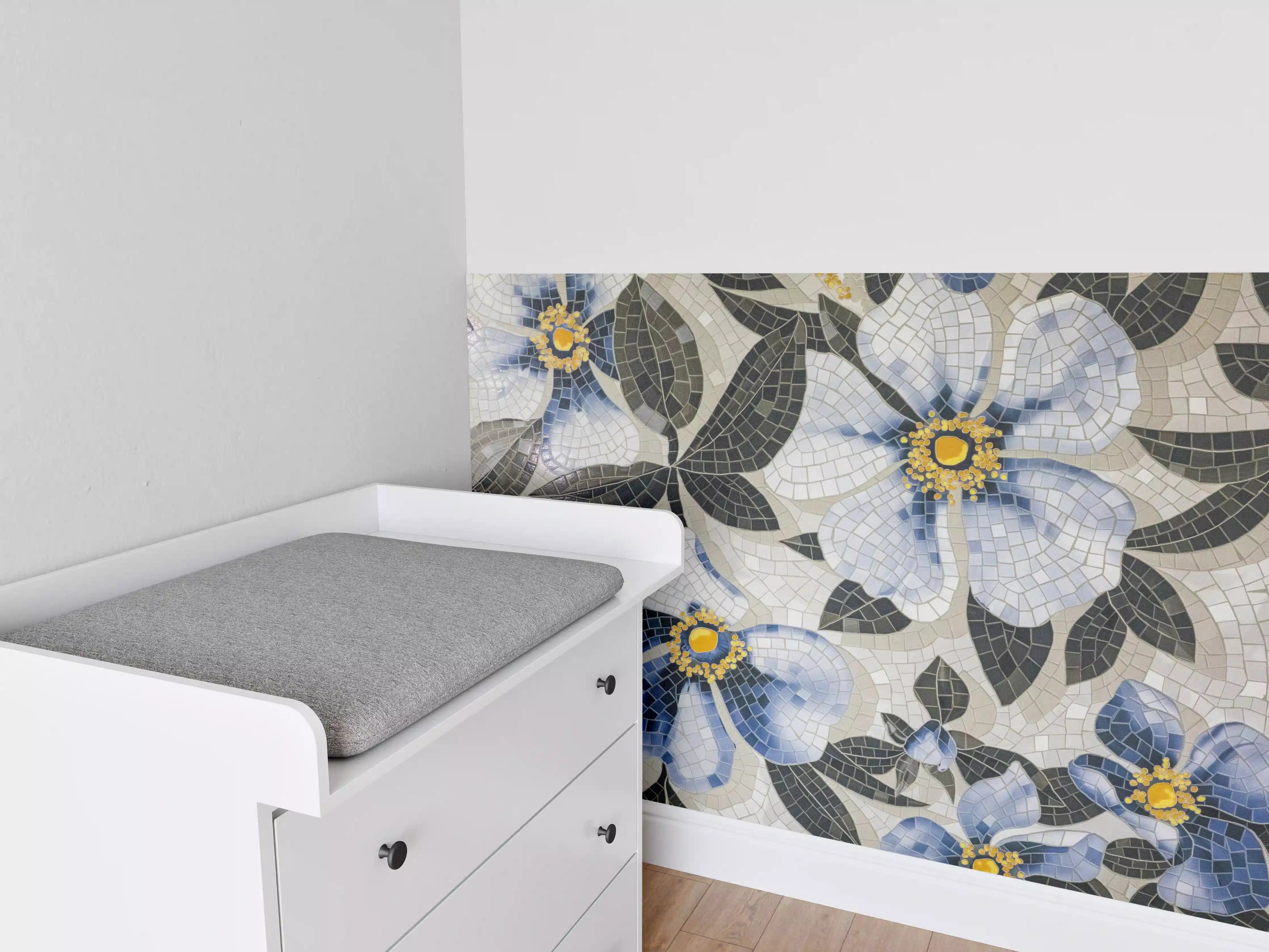 Babyzimmer Wandgestaltung - Blaue Blumen Mosaikfliesen