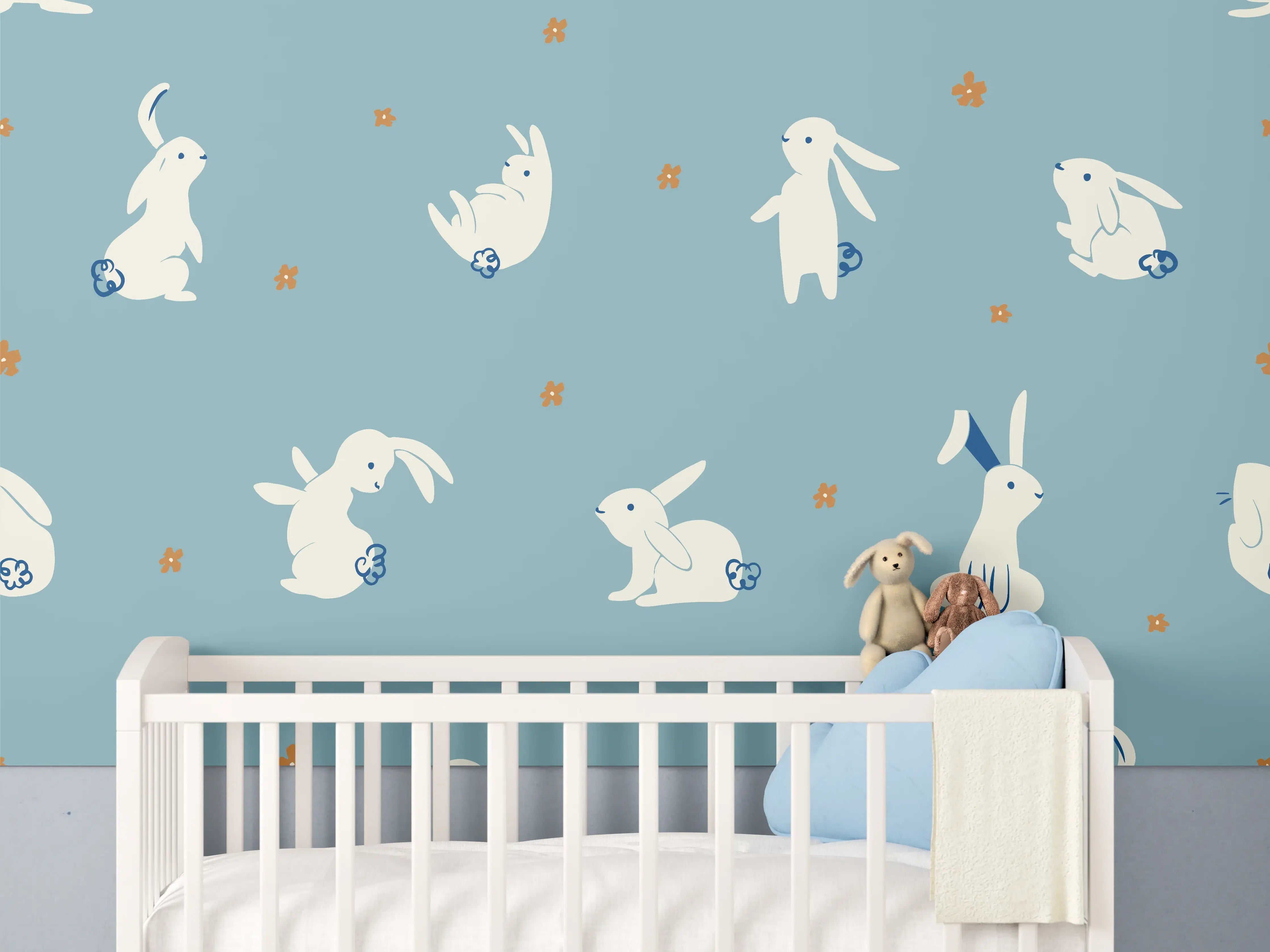 Babyzimmer Wandgestaltung - Blaue Häschen-Muster Tapete