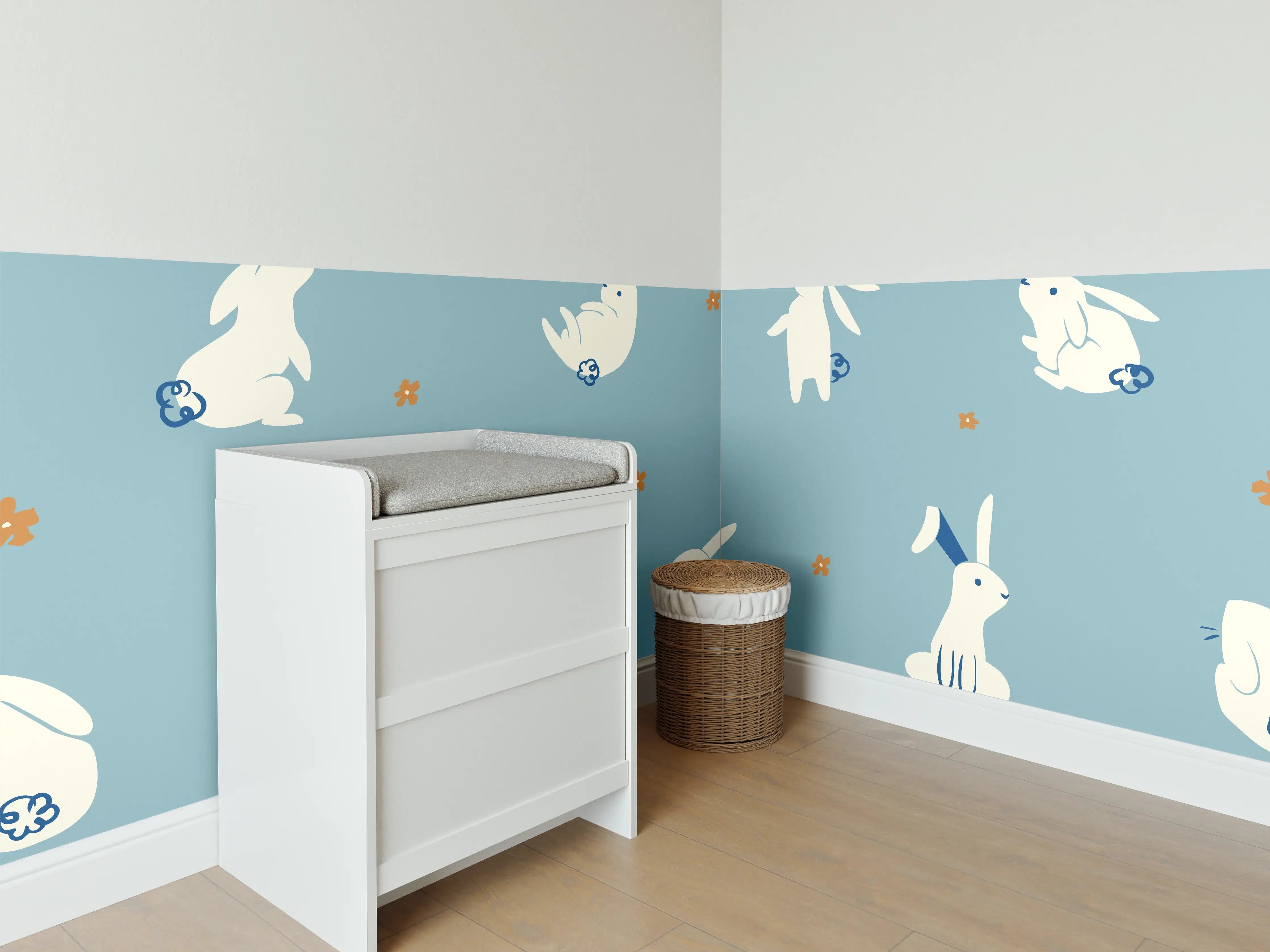 Babyzimmer Wandgestaltung - Blaue Häschen-Muster Tapete