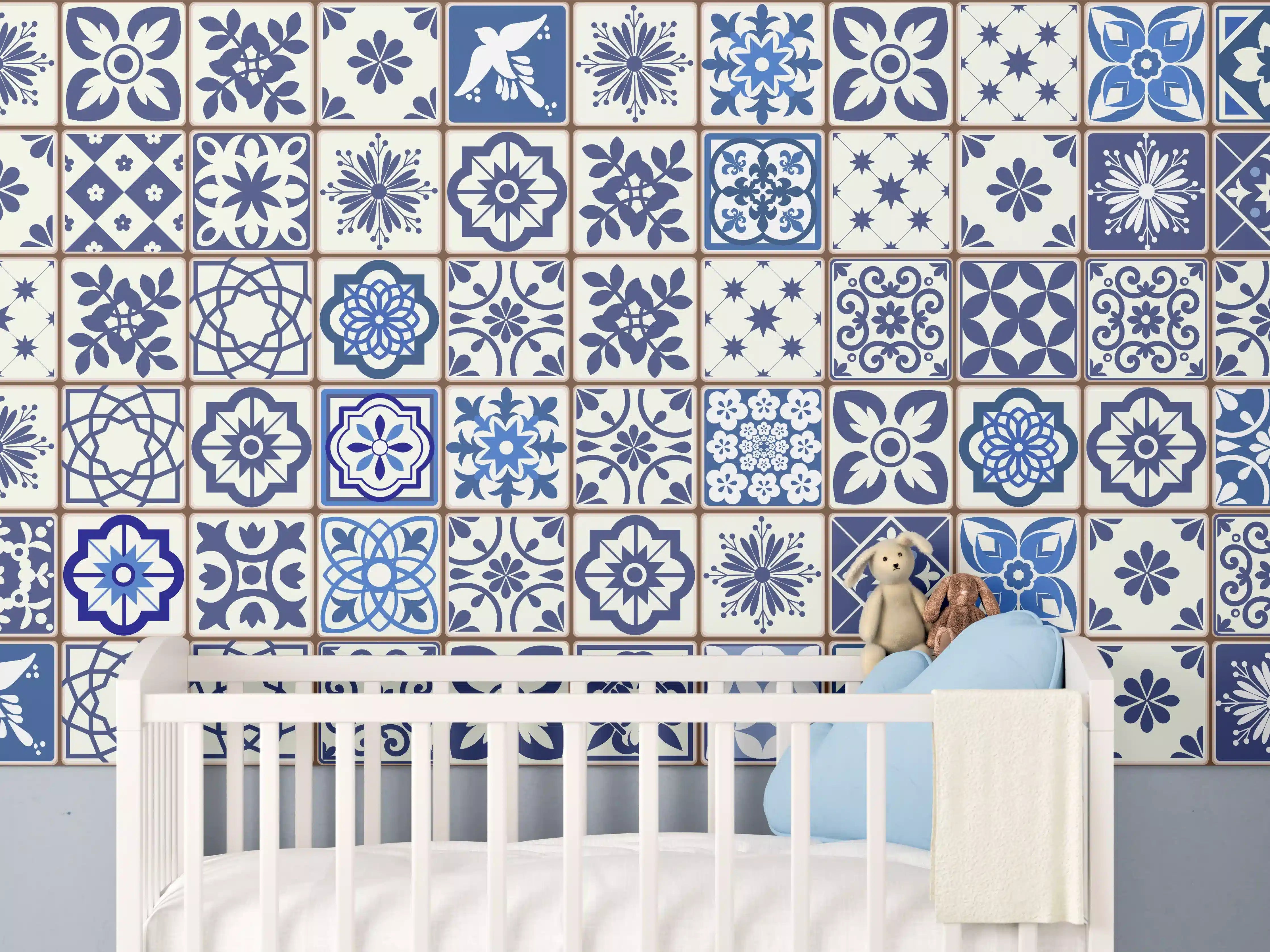 Babyzimmer Wandgestaltung - Blaue Keramik-Fliesen Muster