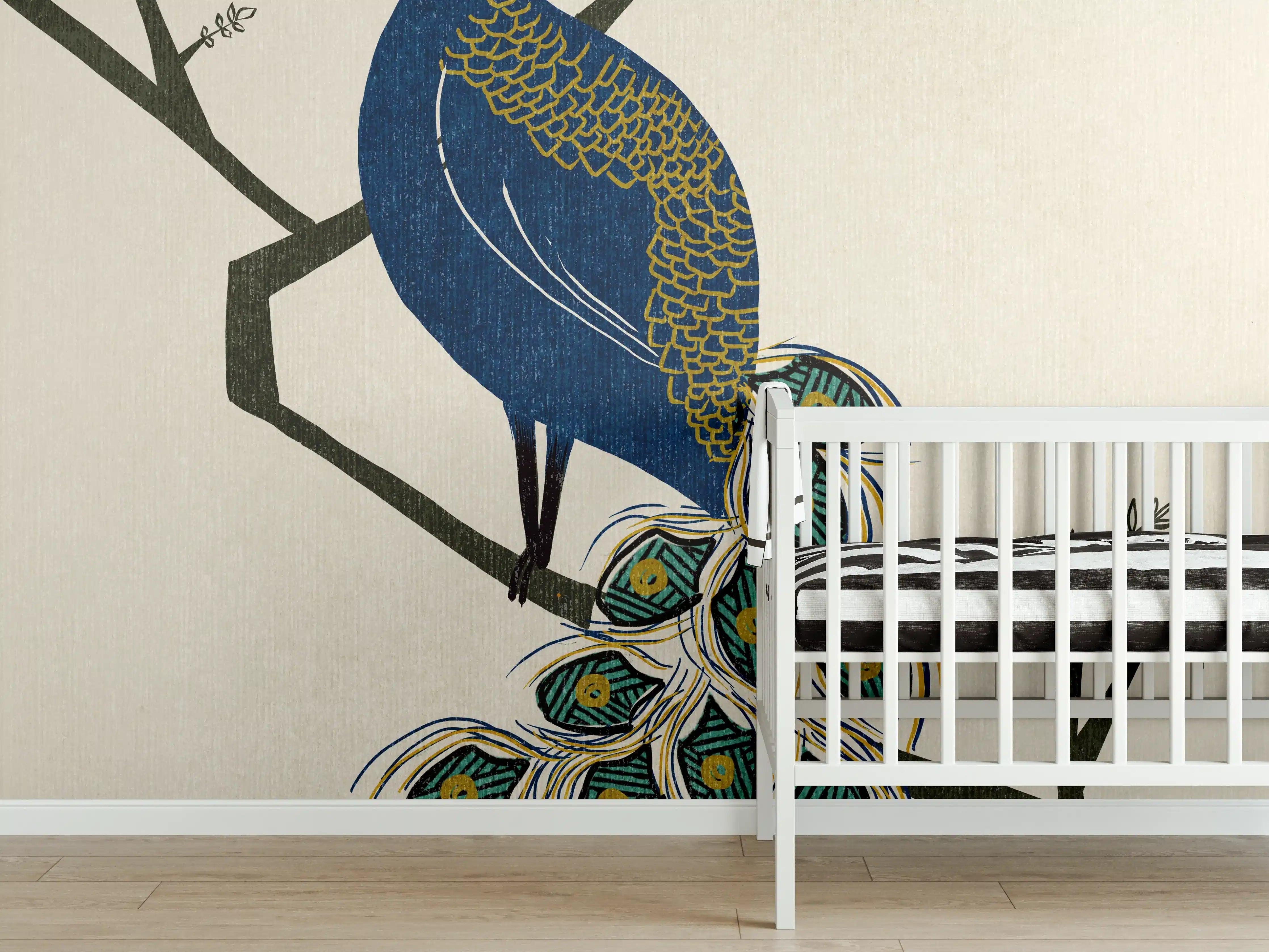Babyzimmer Wandgestaltung - Blaue Pfauenfeder mit Sonnenorange