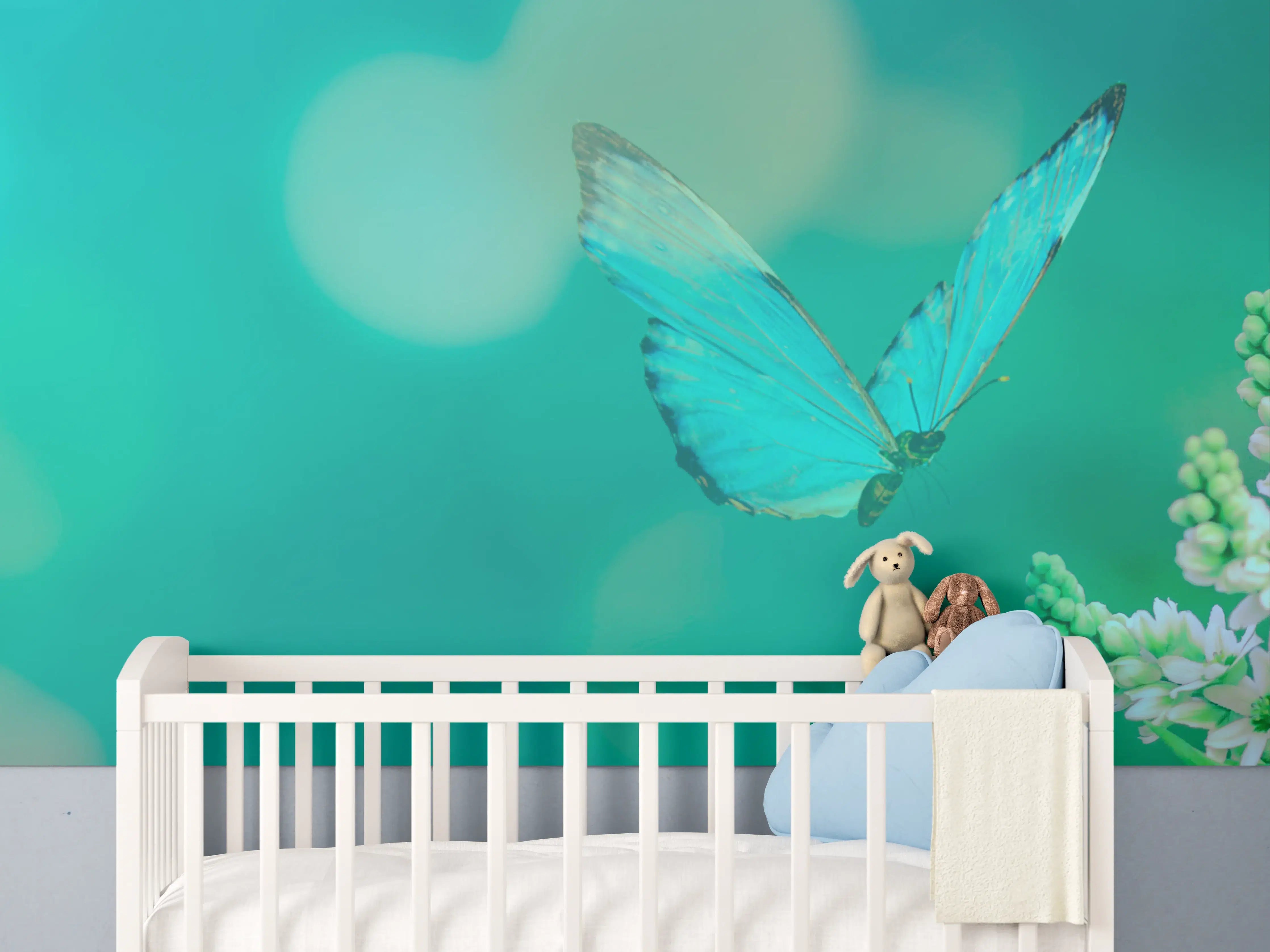Babyzimmer Wandgestaltung - Blaue Schmetterlinge und Blumen in sanften Tönen