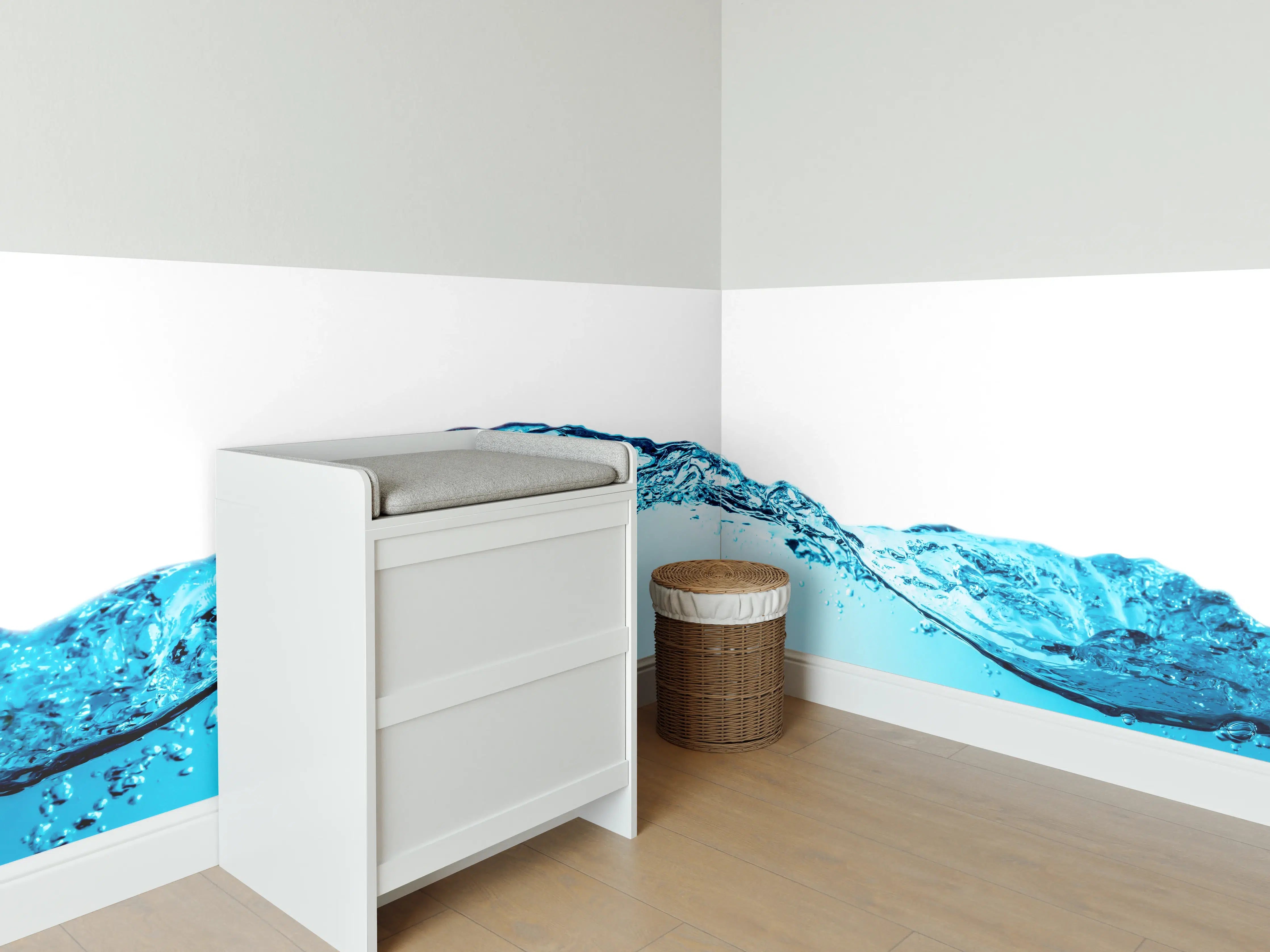 Babyzimmer Wandgestaltung - Blaue Wasserwelle mit Bläschen