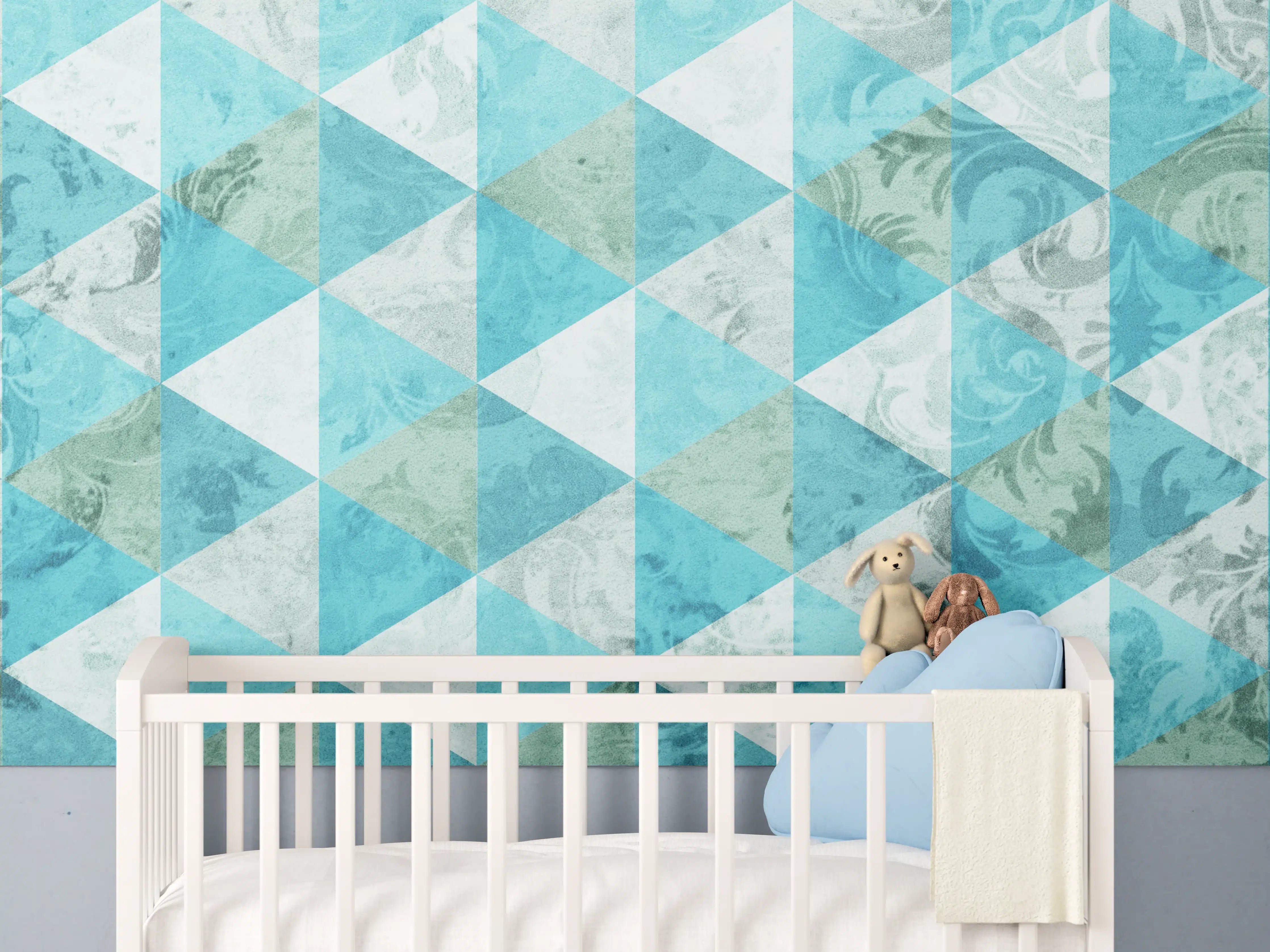 Babyzimmer Wandgestaltung - Blaue geometrische Muster mit Wasserfarbentechnik