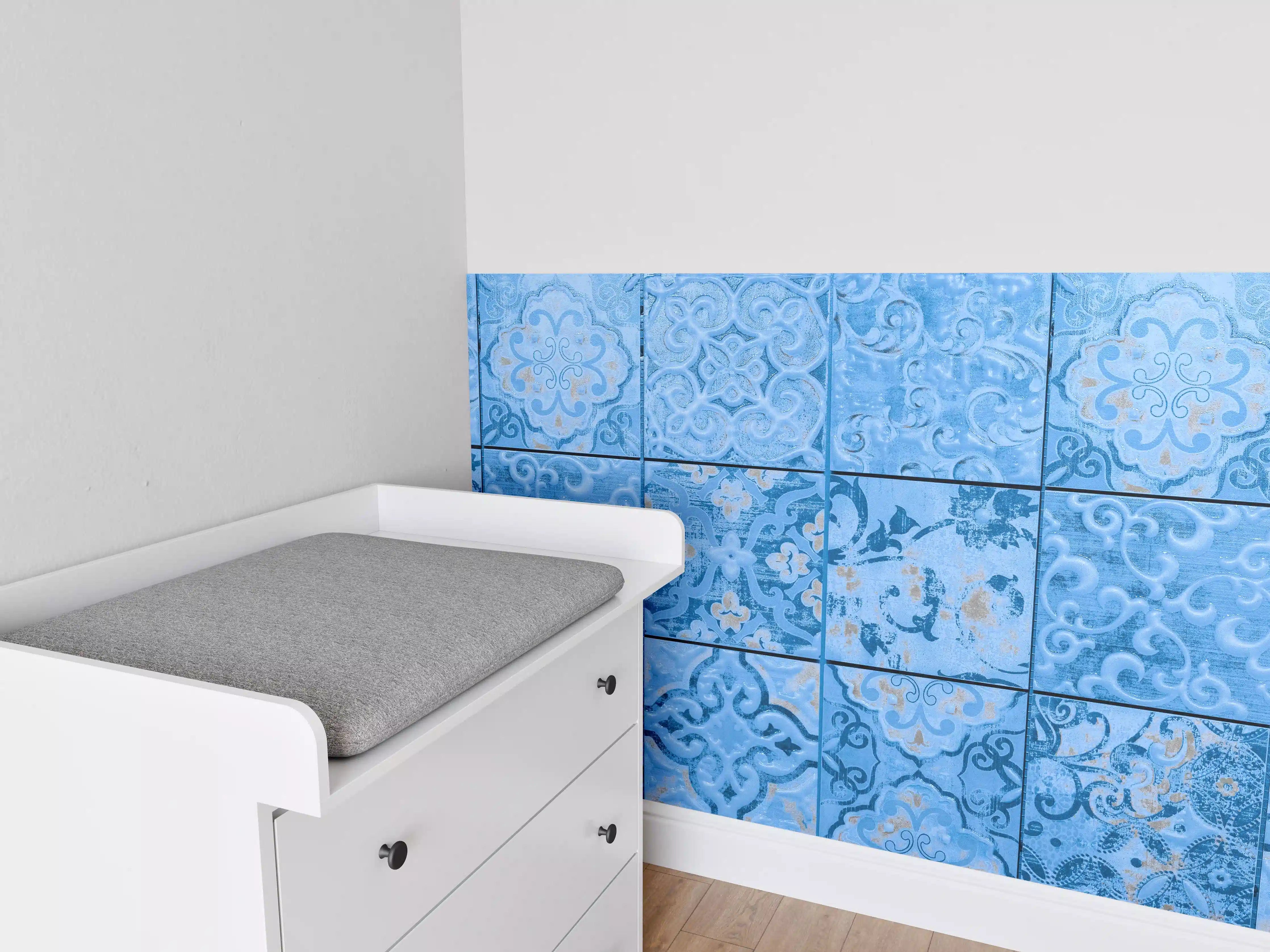 Babyzimmer Wandgestaltung - Blaue rechteckige Vintage Zementfliesen