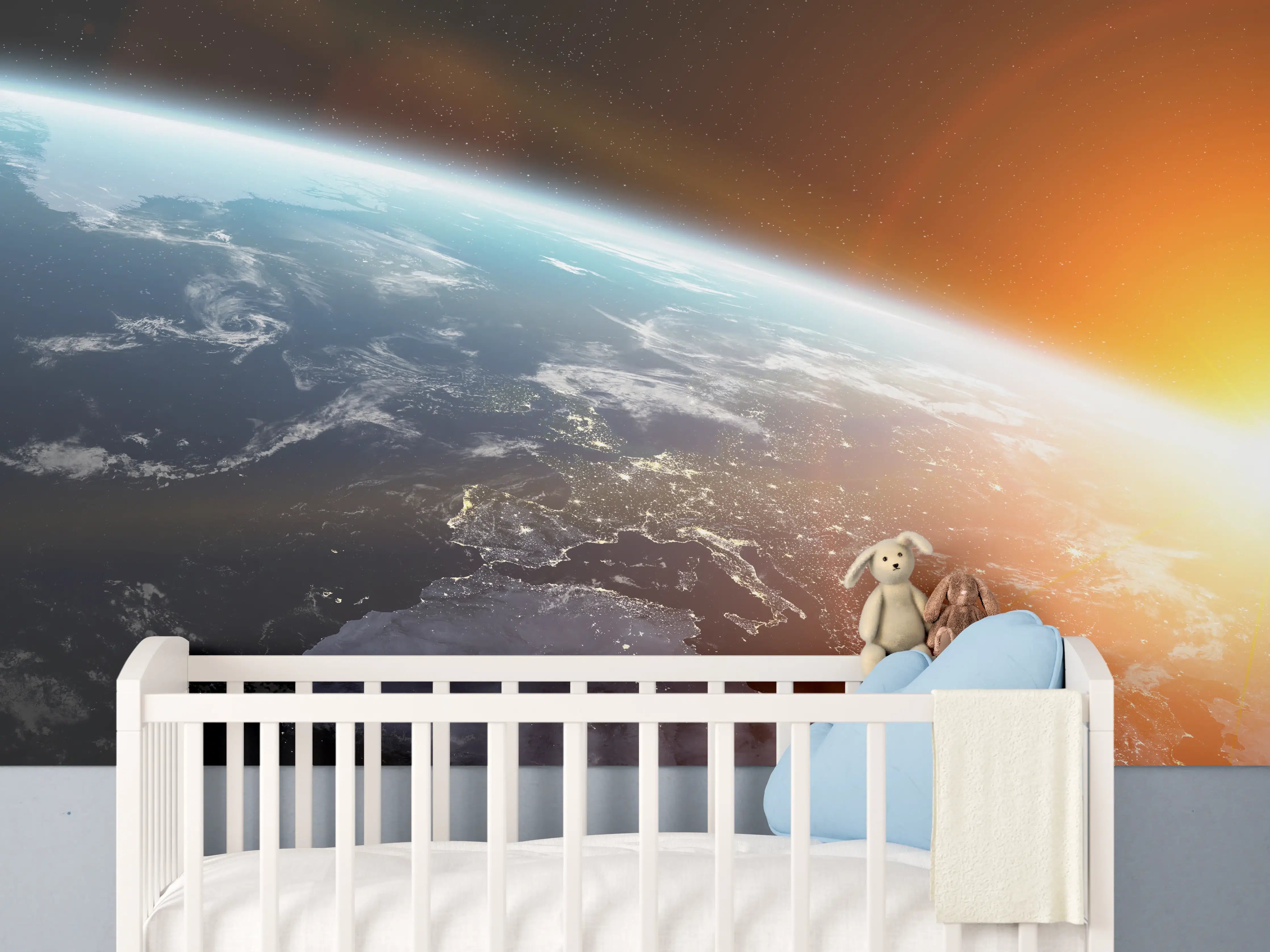 Babyzimmer Wandgestaltung - Blauer Planet mit Sonnenaufgang