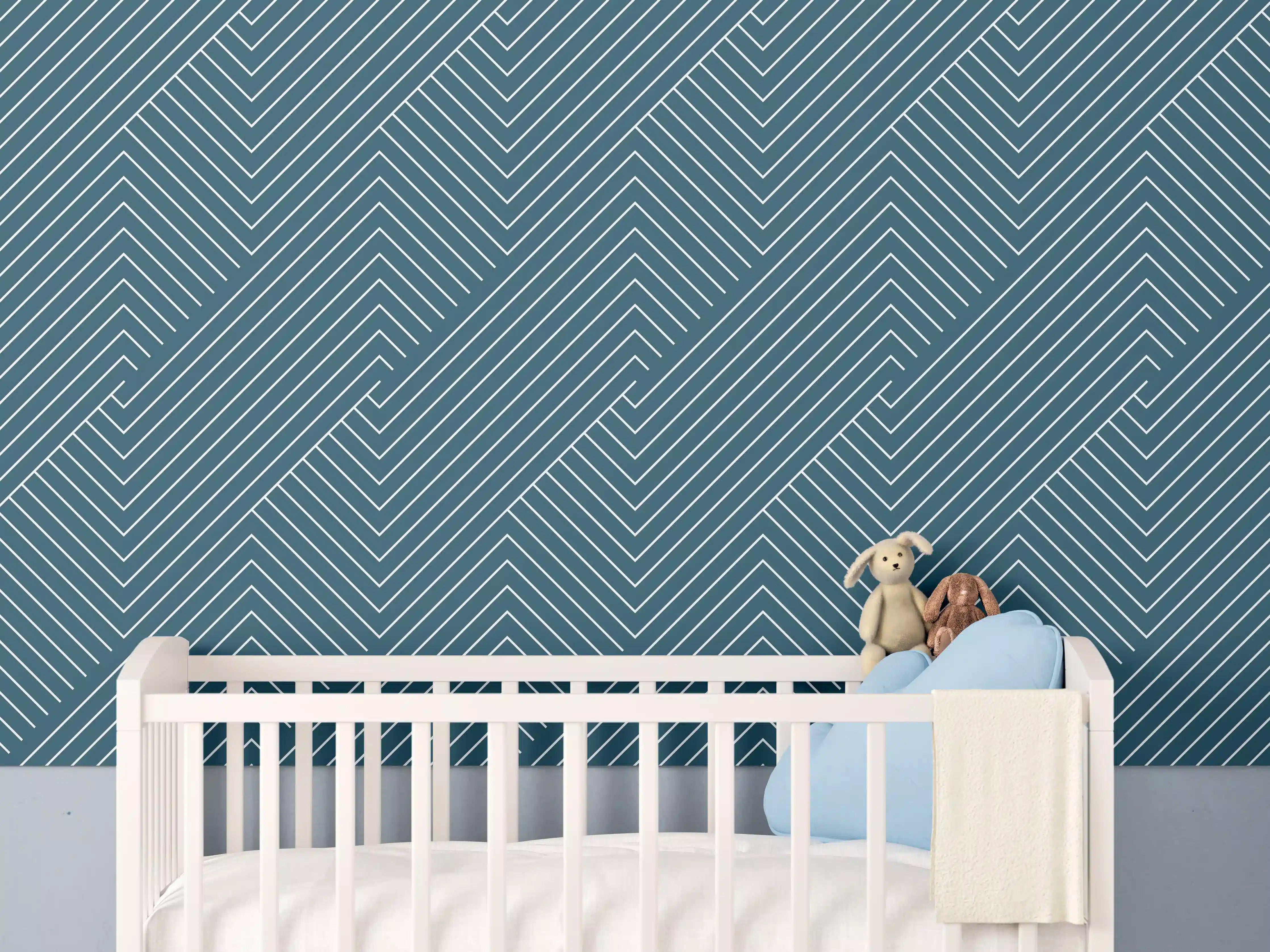 Babyzimmer Wandgestaltung - Blauer geometrischer Dekor mit feinen Graunuancen