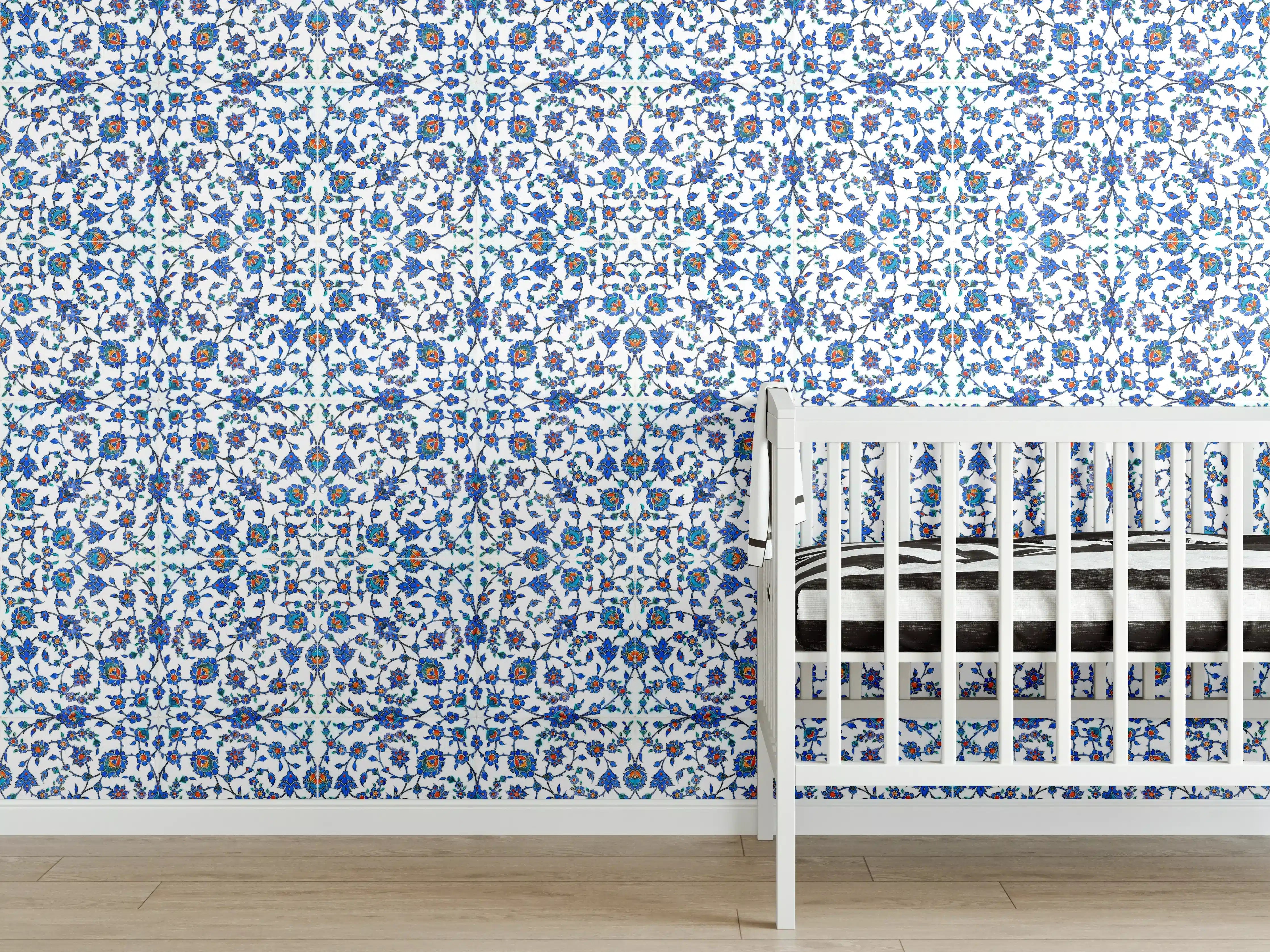 Babyzimmer Wandgestaltung - Blaues Blumen-Mosaik-Muster