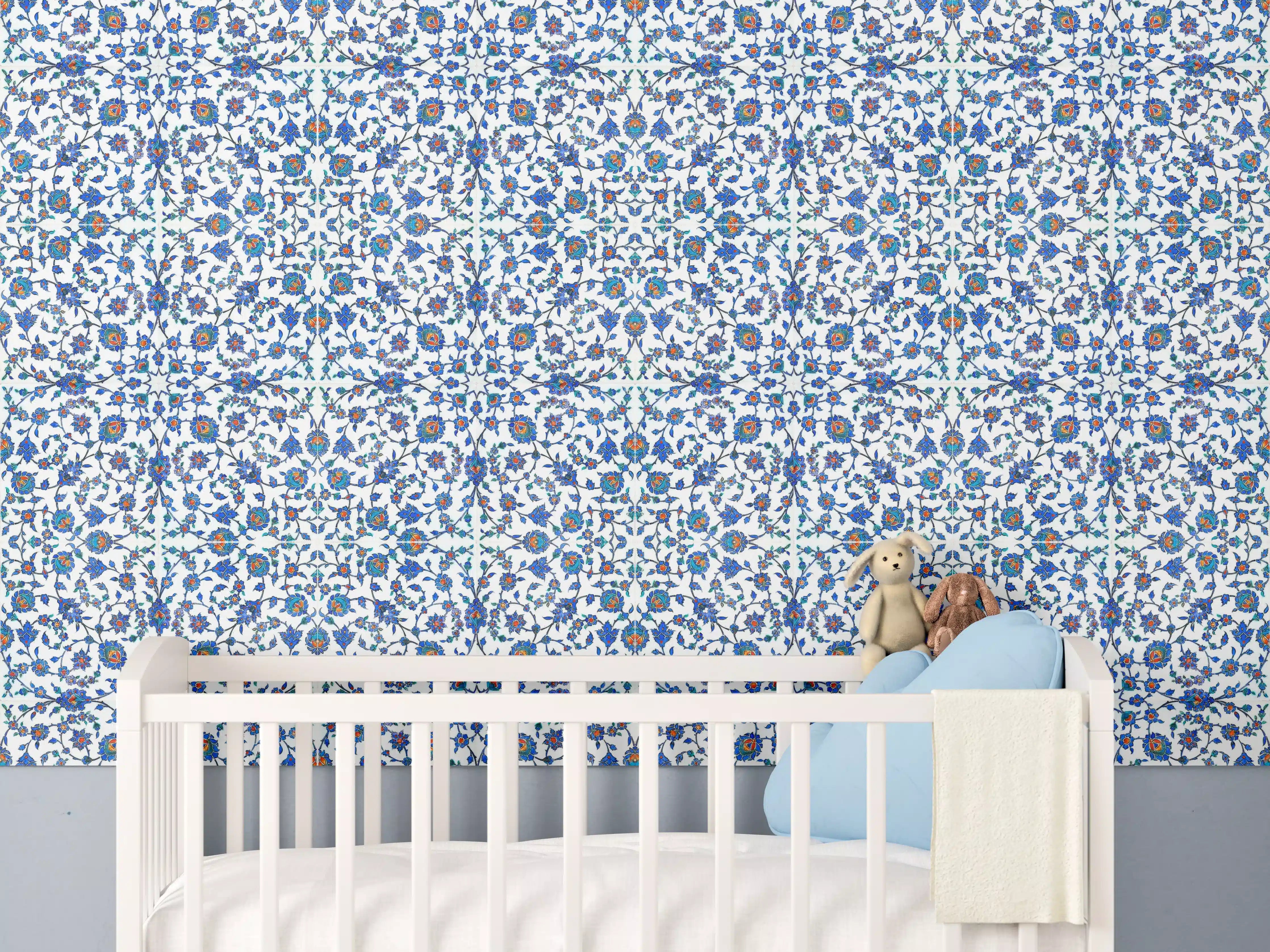 Babyzimmer Wandgestaltung - Blaues Blumen-Mosaik-Muster