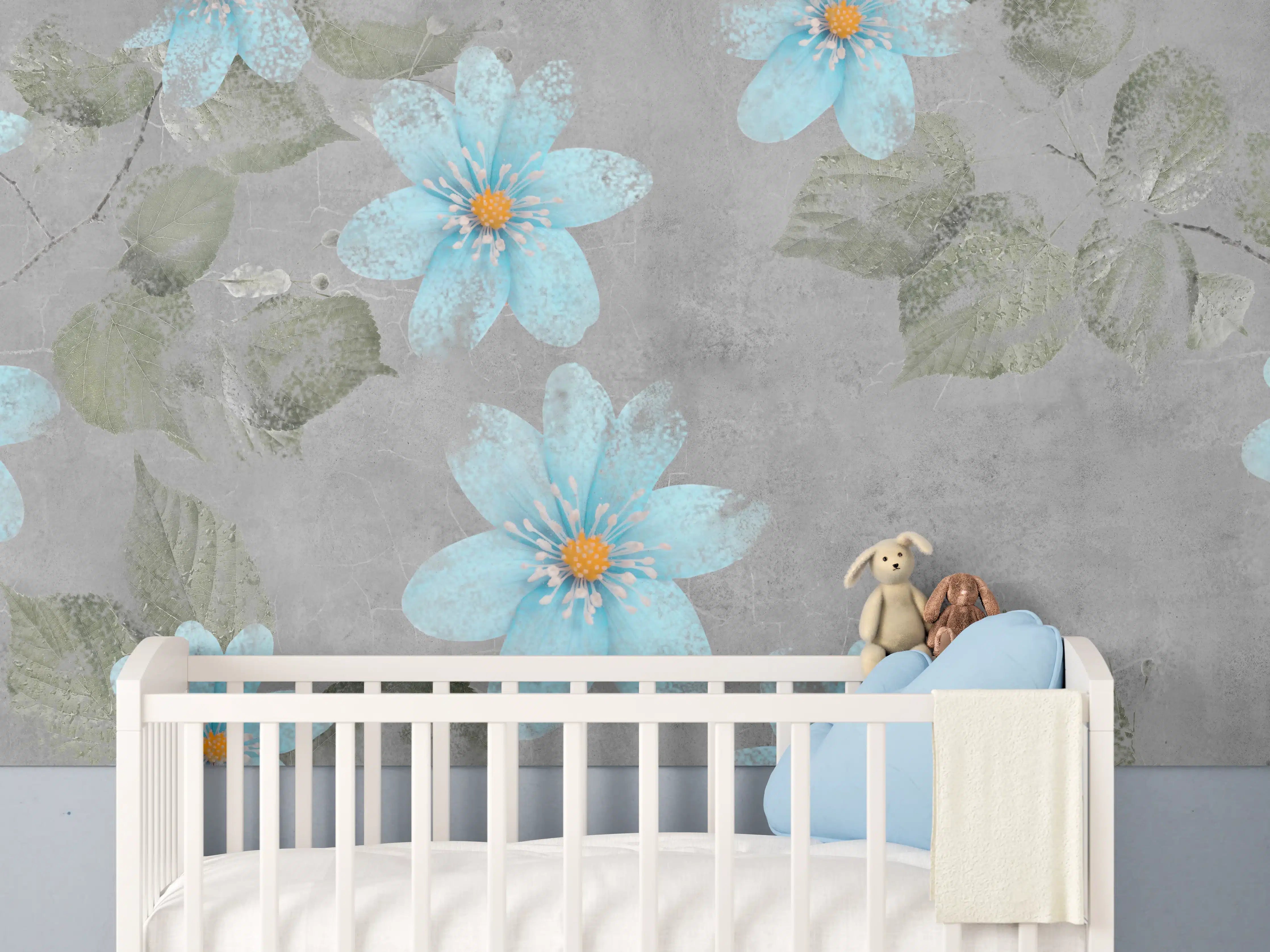Babyzimmer Wandgestaltung - Blaues Blumenmuster - Zeichnung