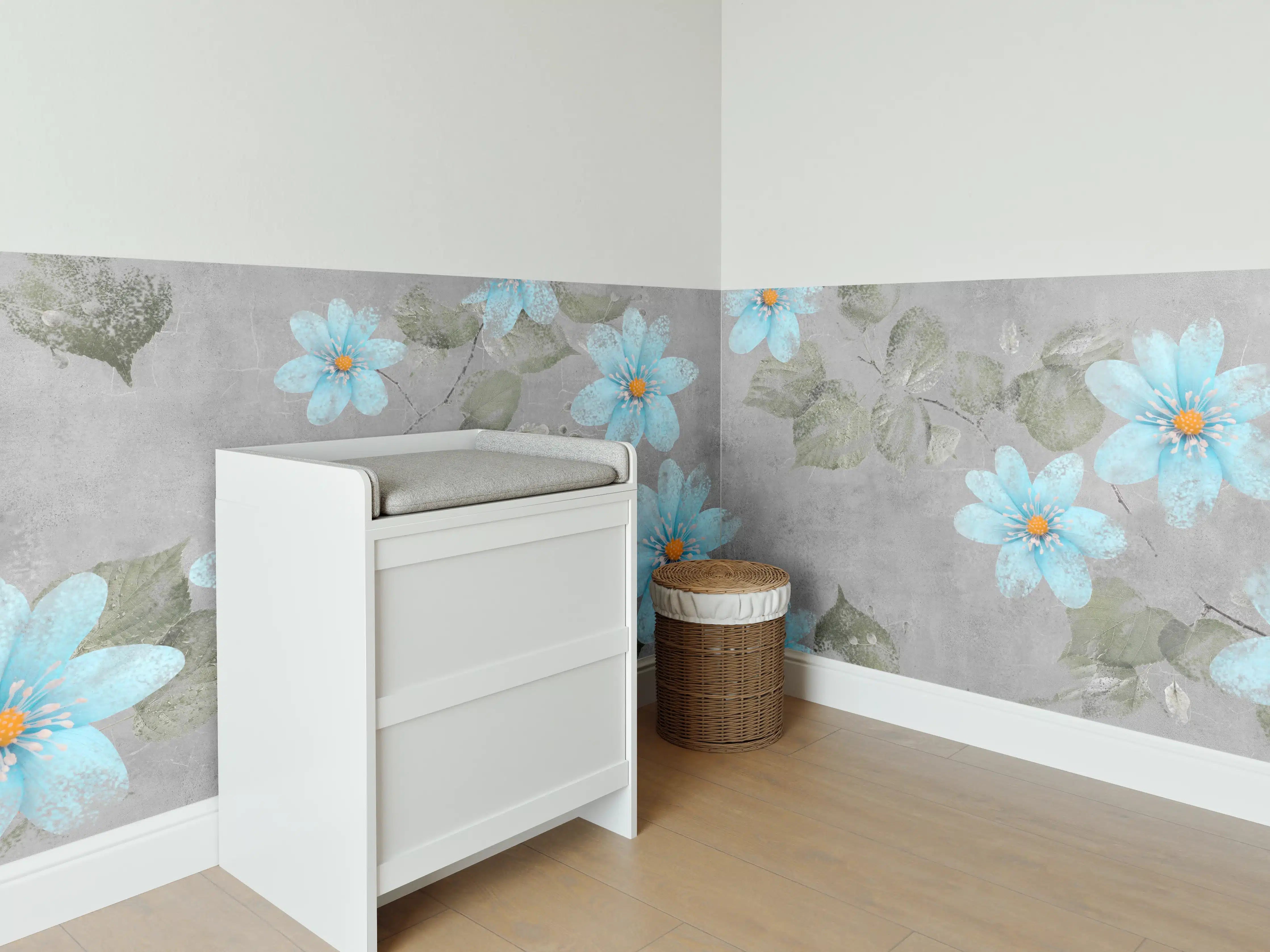 Babyzimmer Wandgestaltung - Blaues Blumenmuster - Zeichnung
