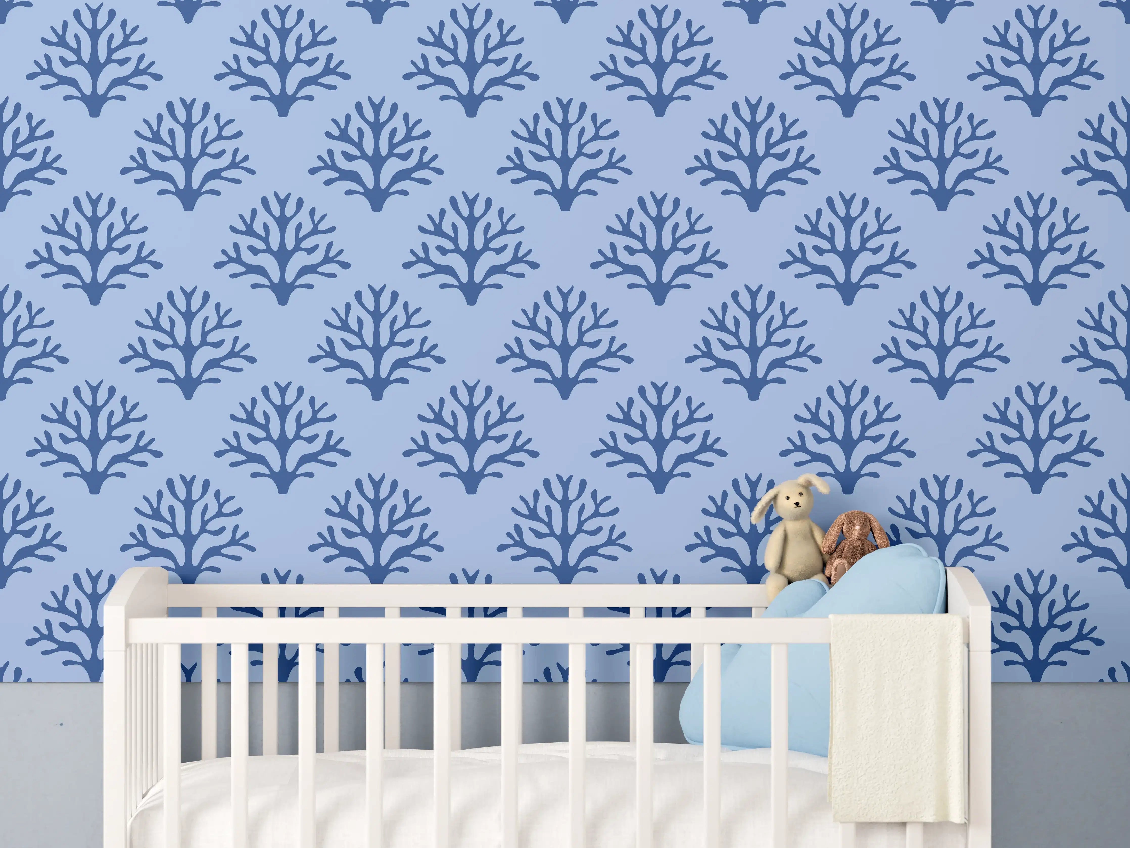 Babyzimmer Wandgestaltung - Blaues Korallenmuster Tapete
