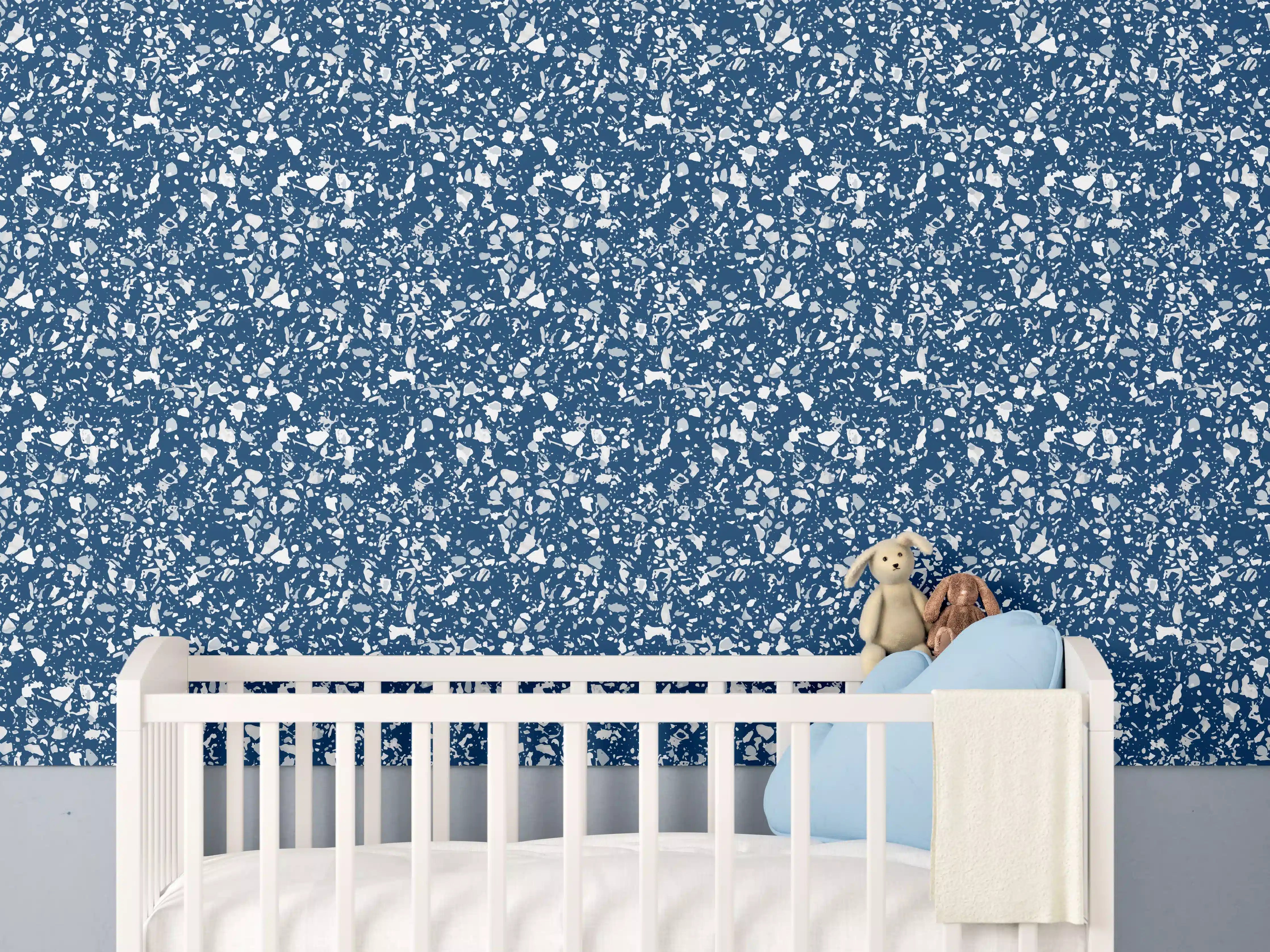 Babyzimmer Wandgestaltung - Blaues Terrazzo mit dunklen Steinoptiken