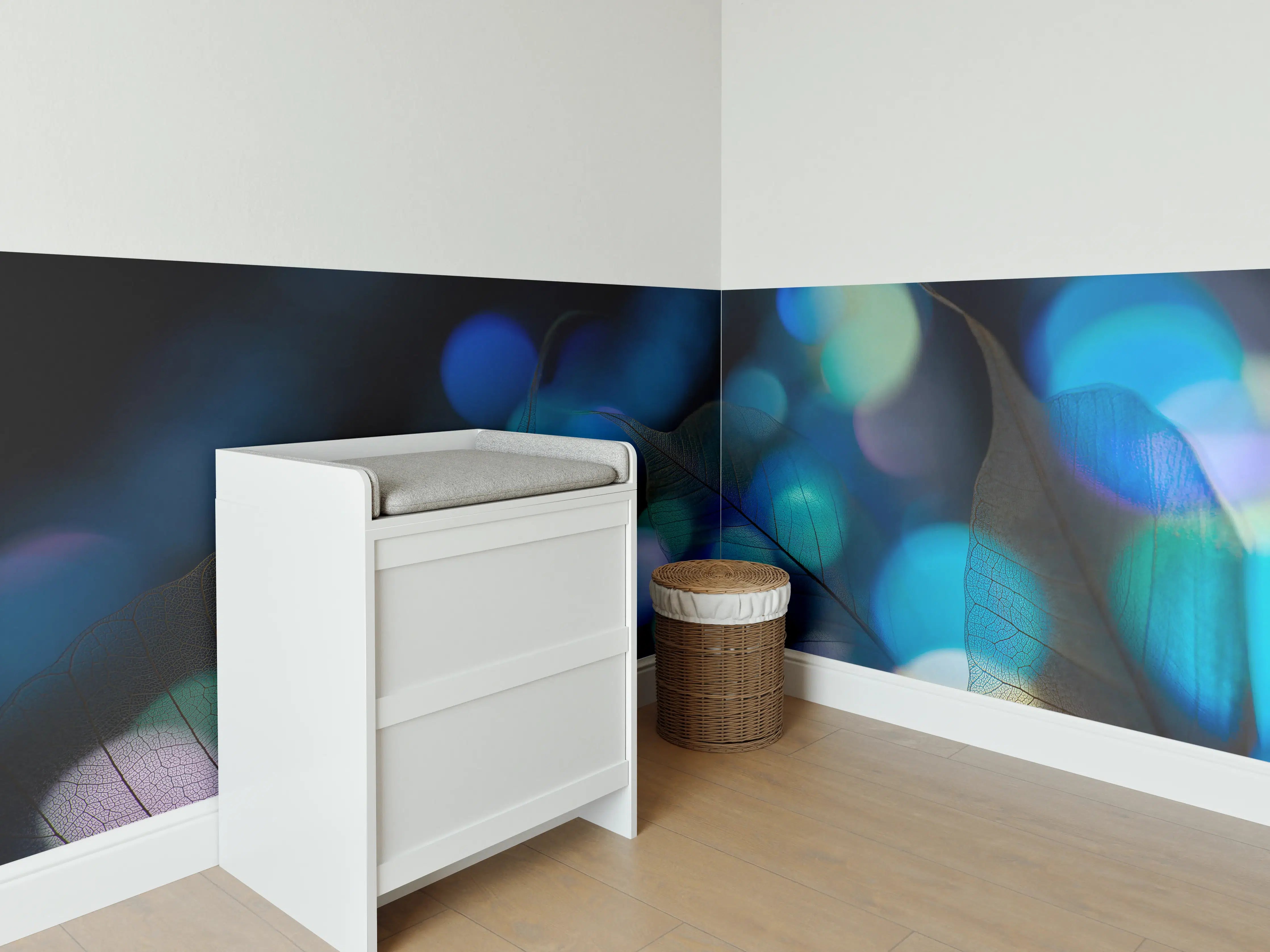 Babyzimmer Wandgestaltung - Blaugrün Lichtspiel Blatttextur