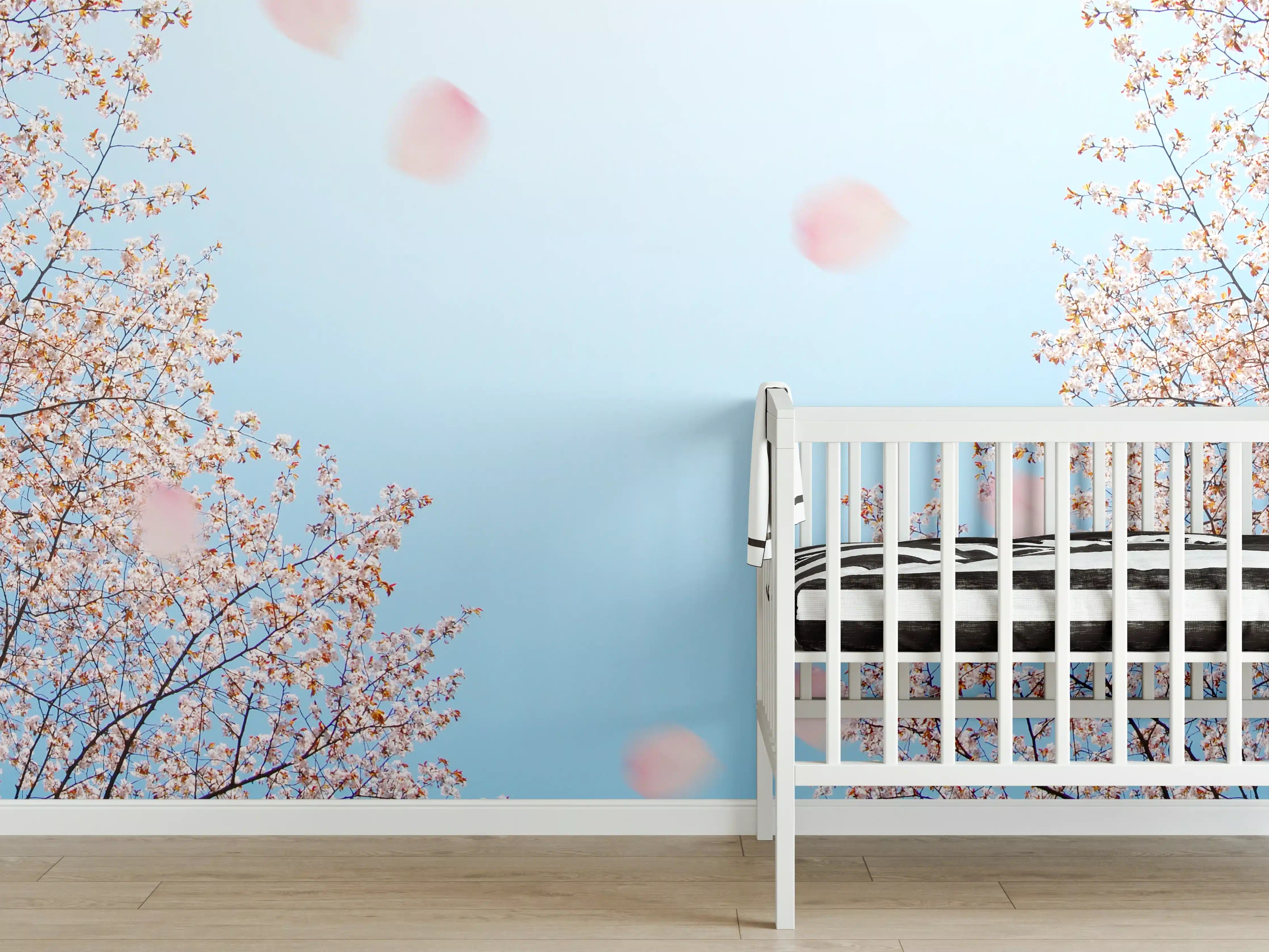 Babyzimmer Wandgestaltung - Blühende Kirschbäume unter blauem Himmel