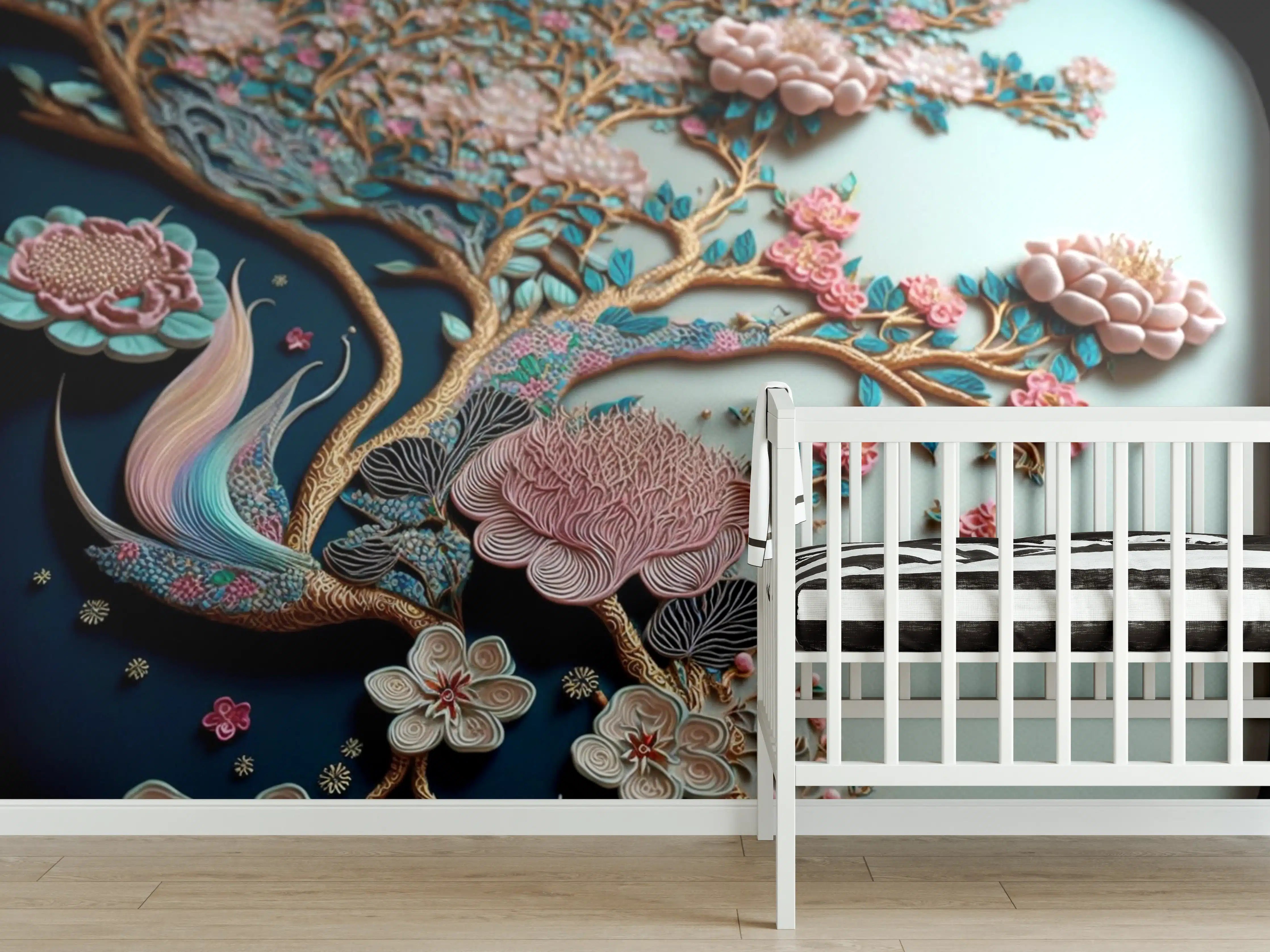 Babyzimmer Wandgestaltung - Blühender Baum mit rosa Blüten und detailreicher Textur