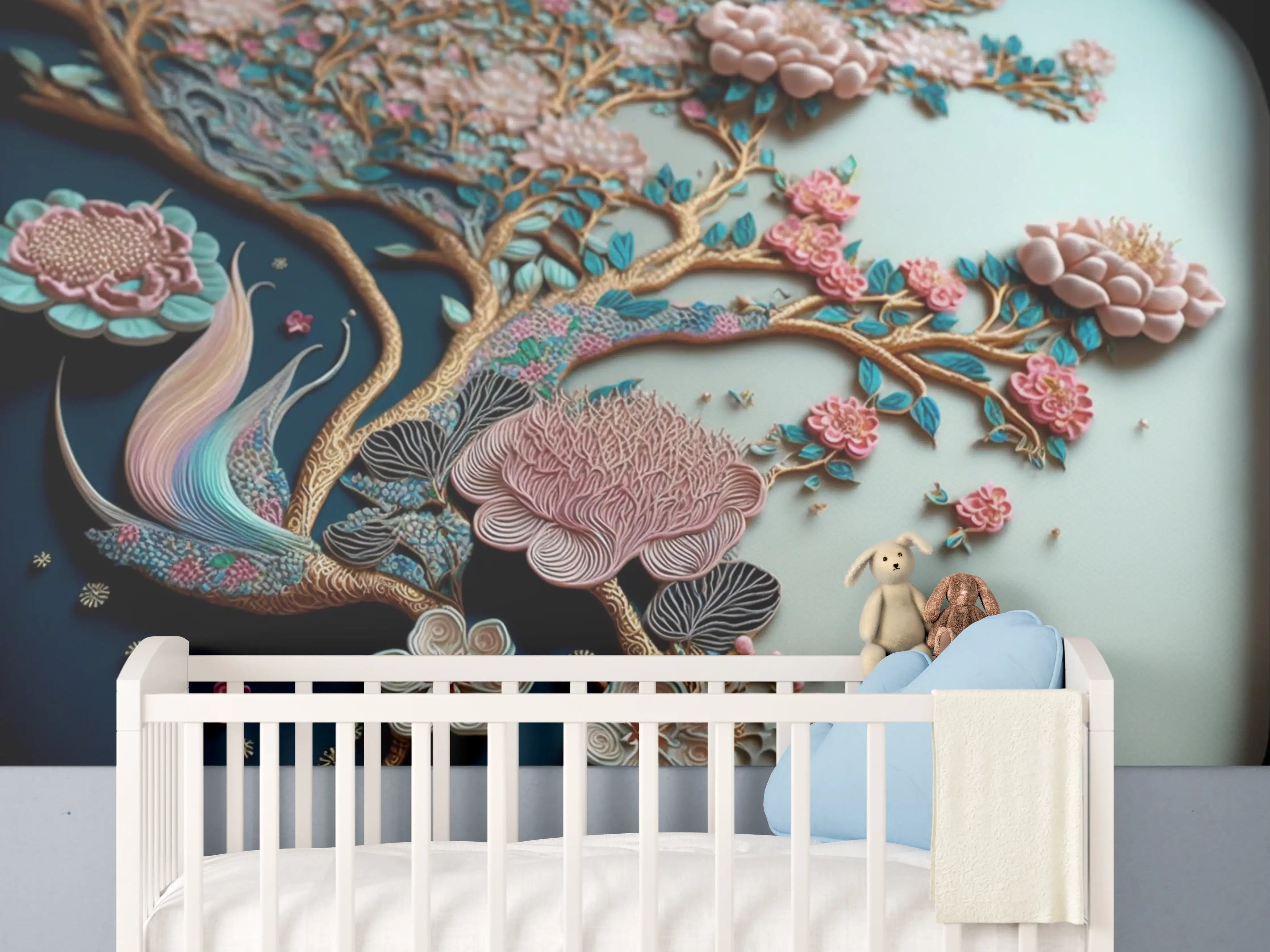 Babyzimmer Wandgestaltung - Blühender Baum mit rosa Blüten und detailreicher Textur