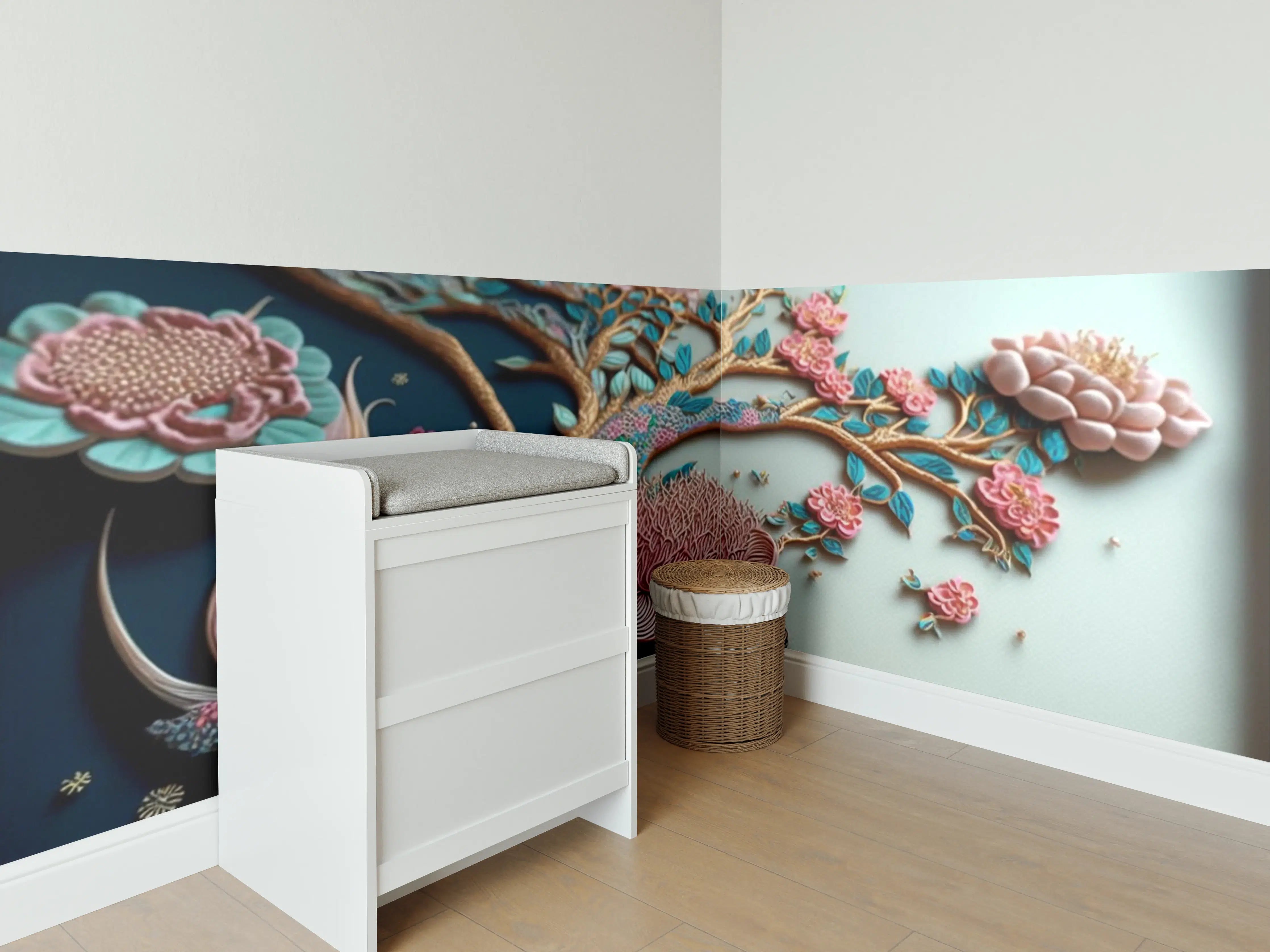 Babyzimmer Wandgestaltung - Blühender Baum mit rosa Blüten und detailreicher Textur