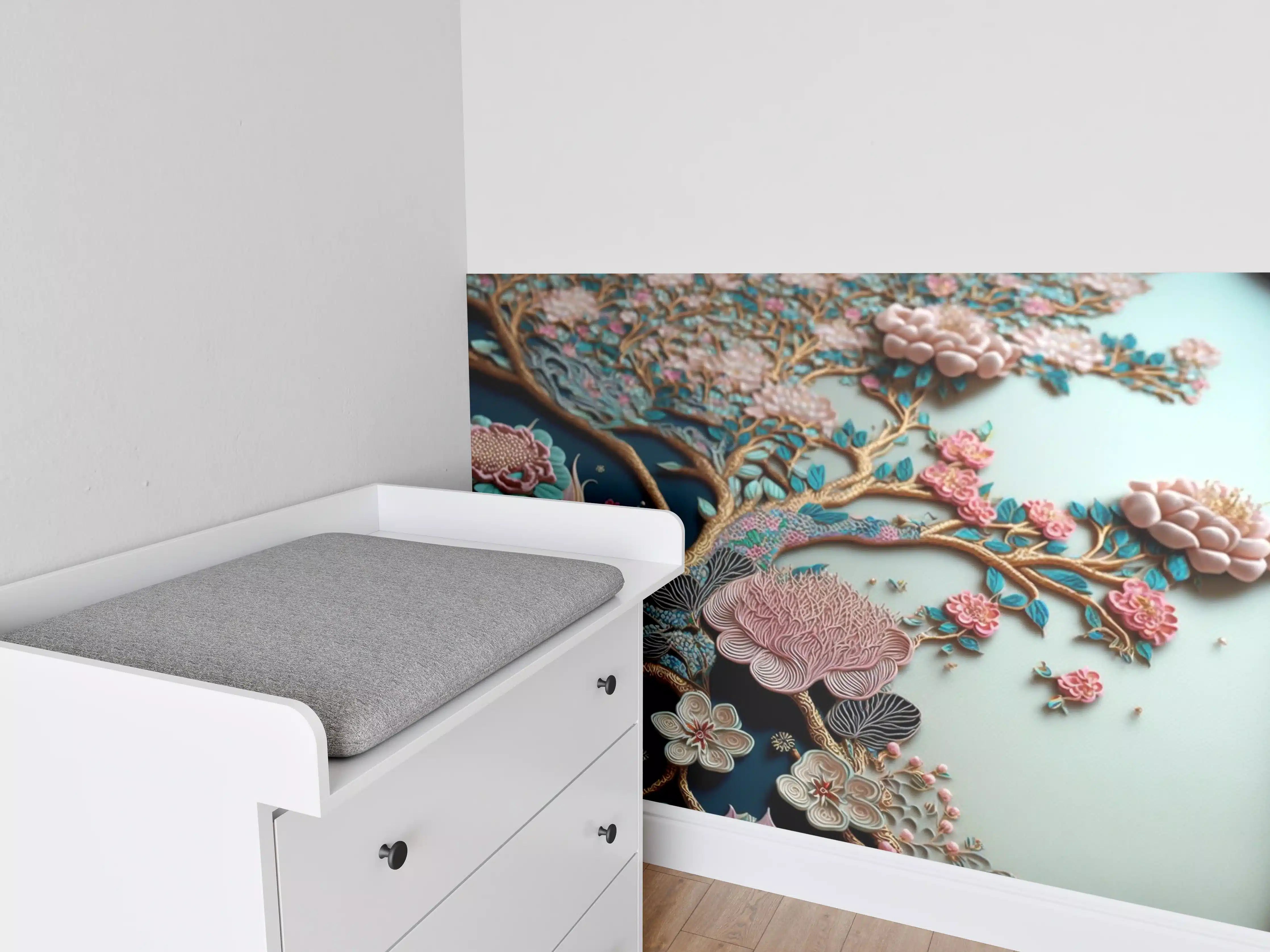 Babyzimmer Wandgestaltung - Blühender Baum mit rosa Blüten und detailreicher Textur
