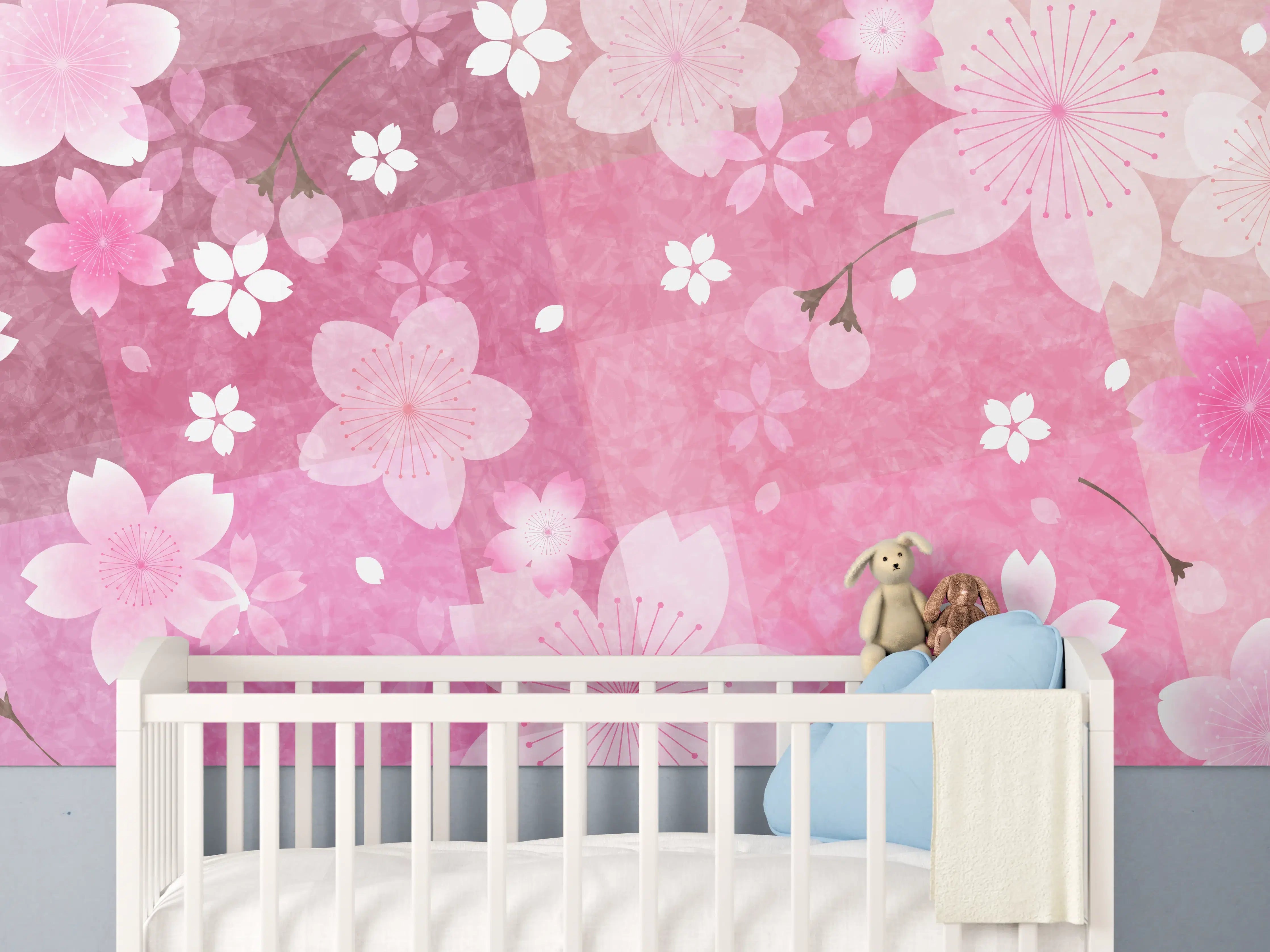 Babyzimmer Wandgestaltung - Blühendes Sakura-Muster Rosa