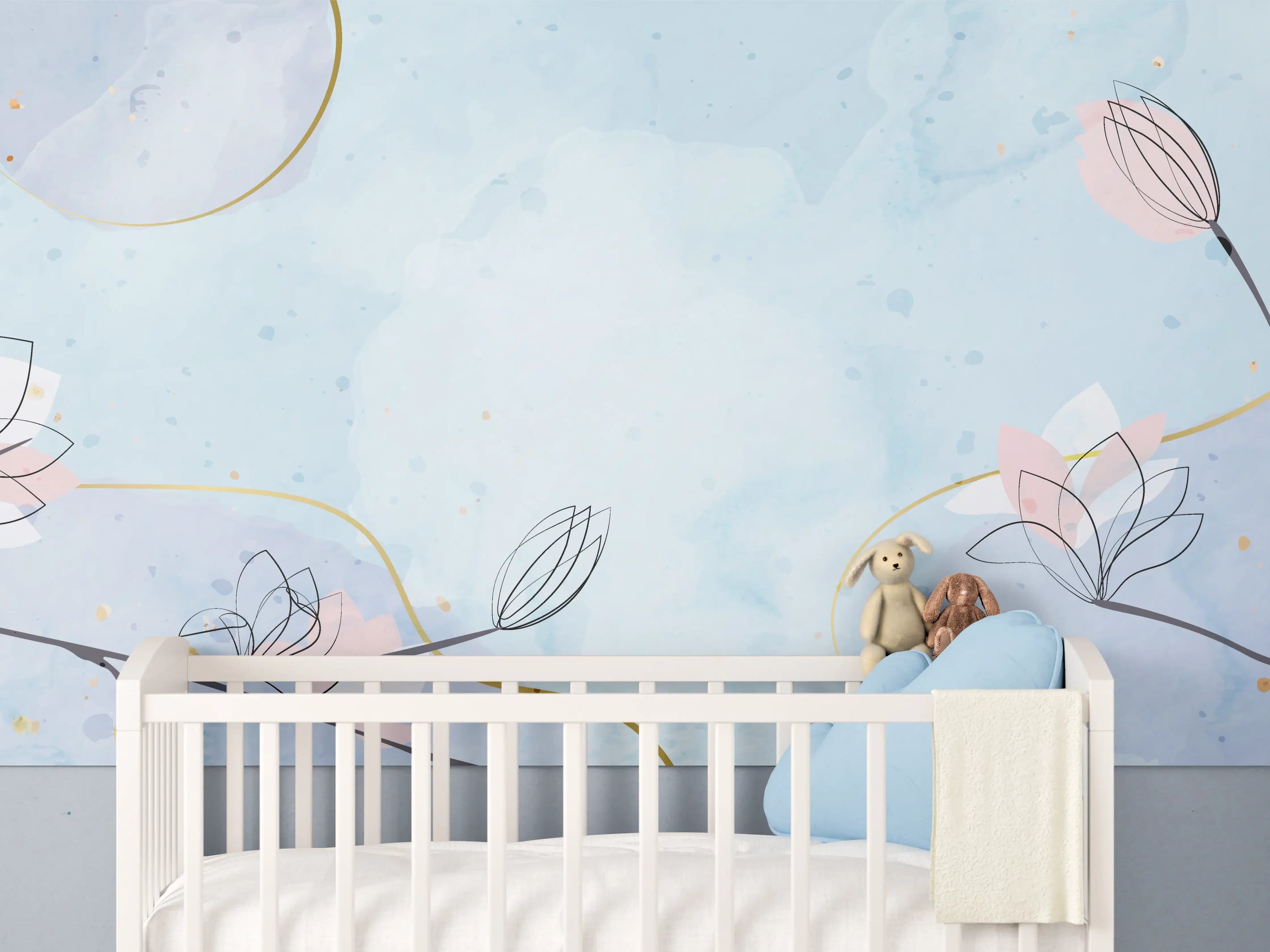 Babyzimmer Wandgestaltung - Blumen-Aquarell Pastellfarben