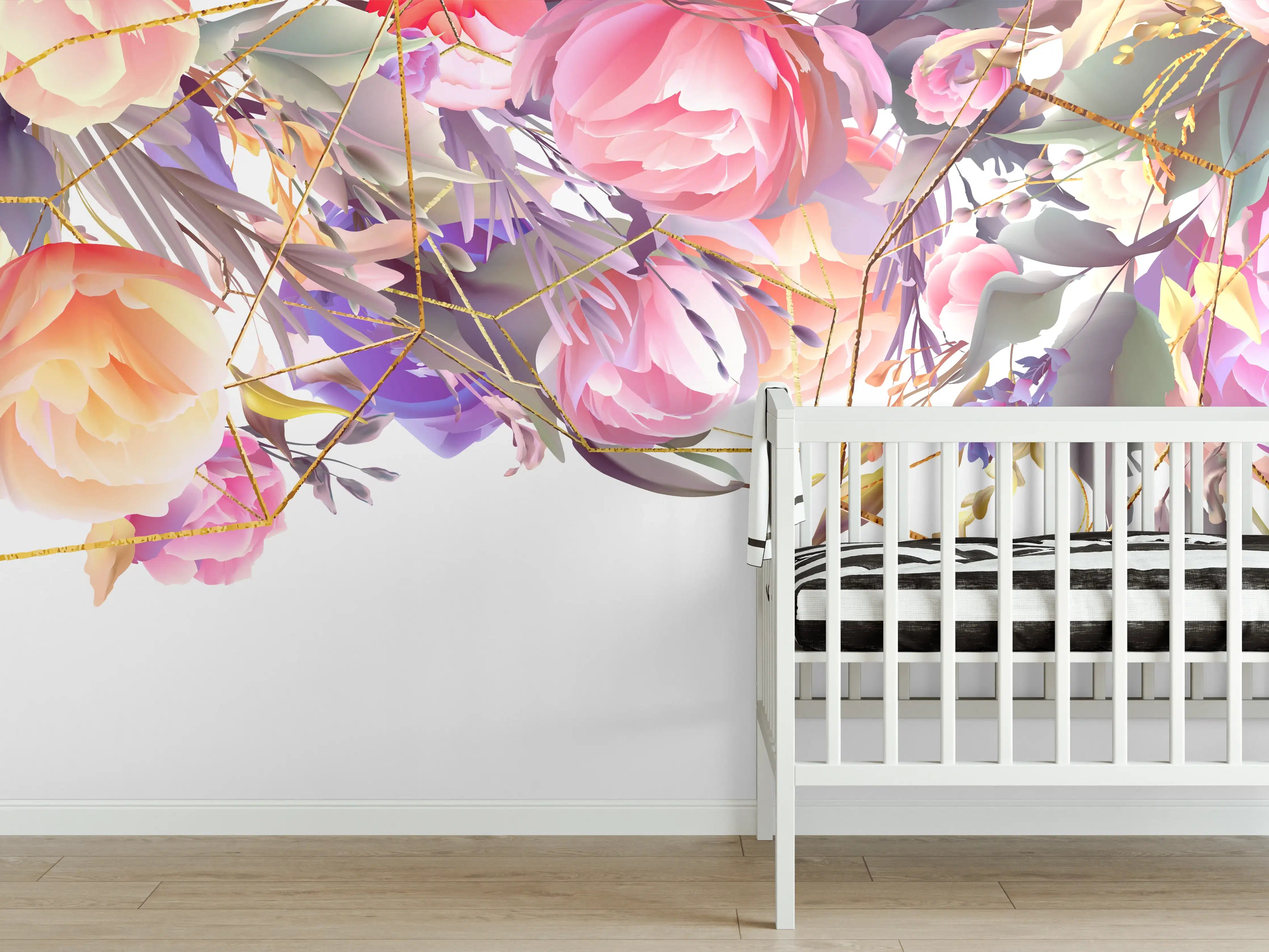 Babyzimmer Wandgestaltung - Blumen-Muster Abstrakt Gold