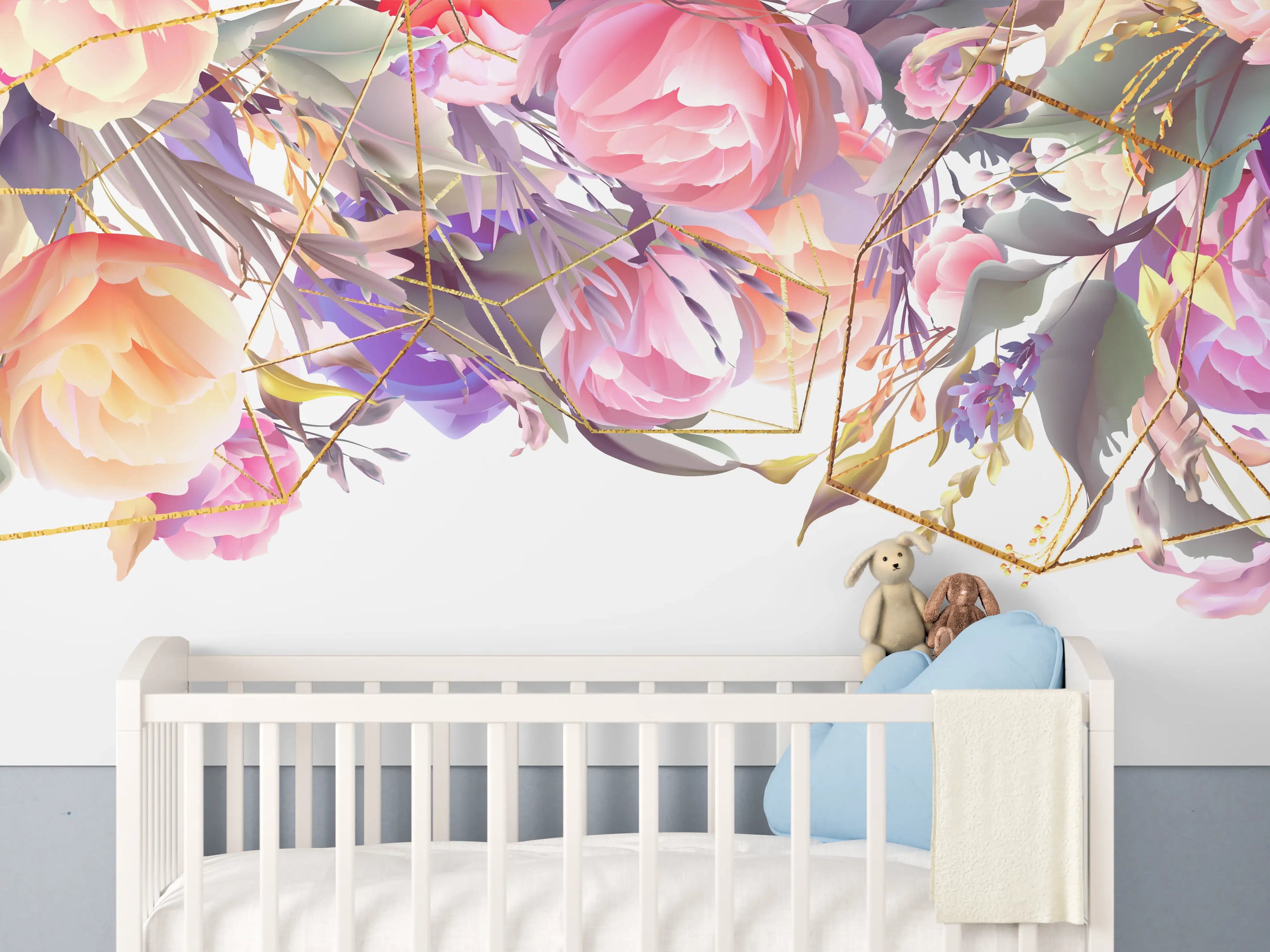 Babyzimmer Wandgestaltung - Blumen-Muster Abstrakt Gold