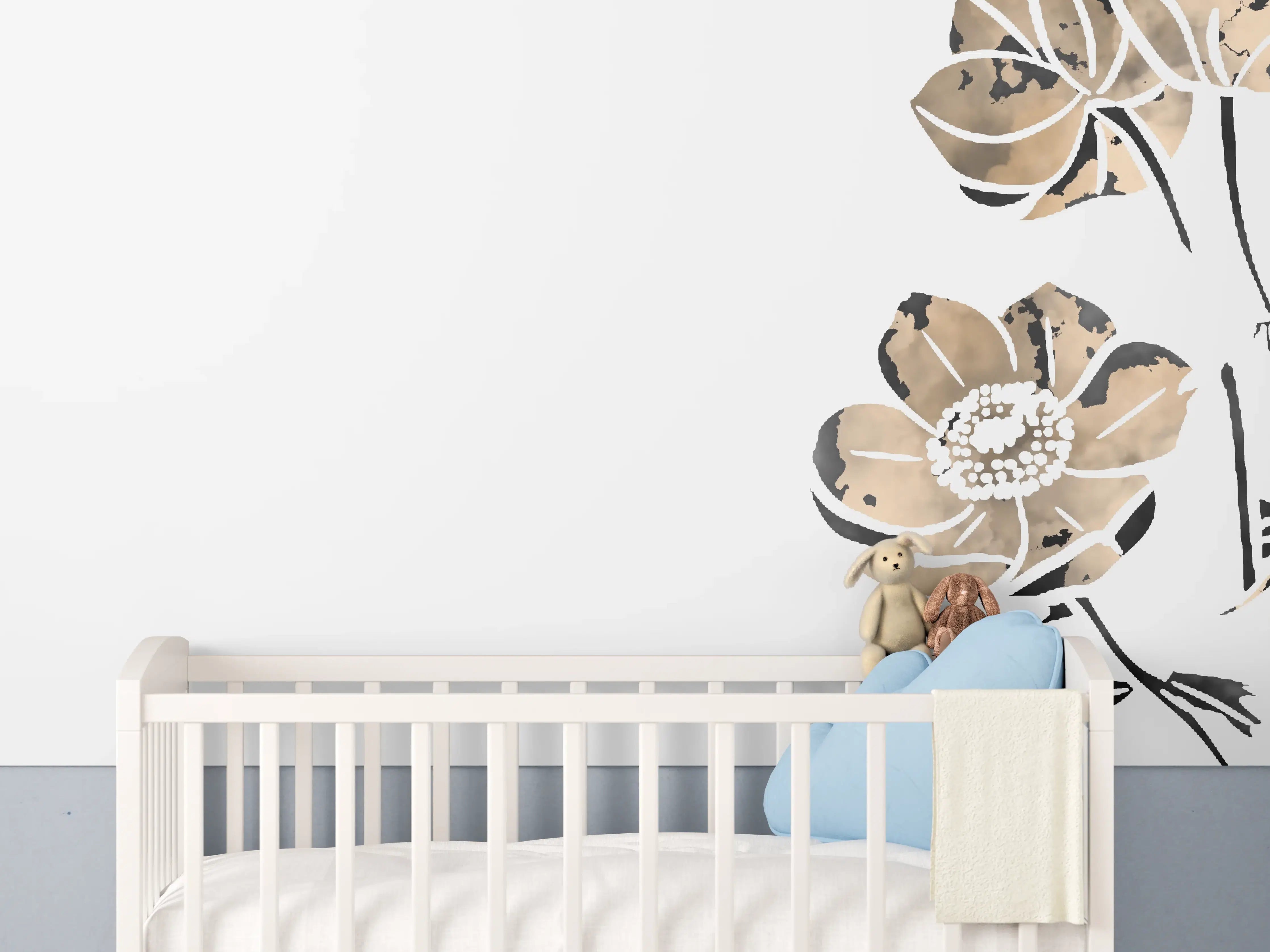 Babyzimmer Wandgestaltung - Blumen auf weißem Hintergrund - Aquarell