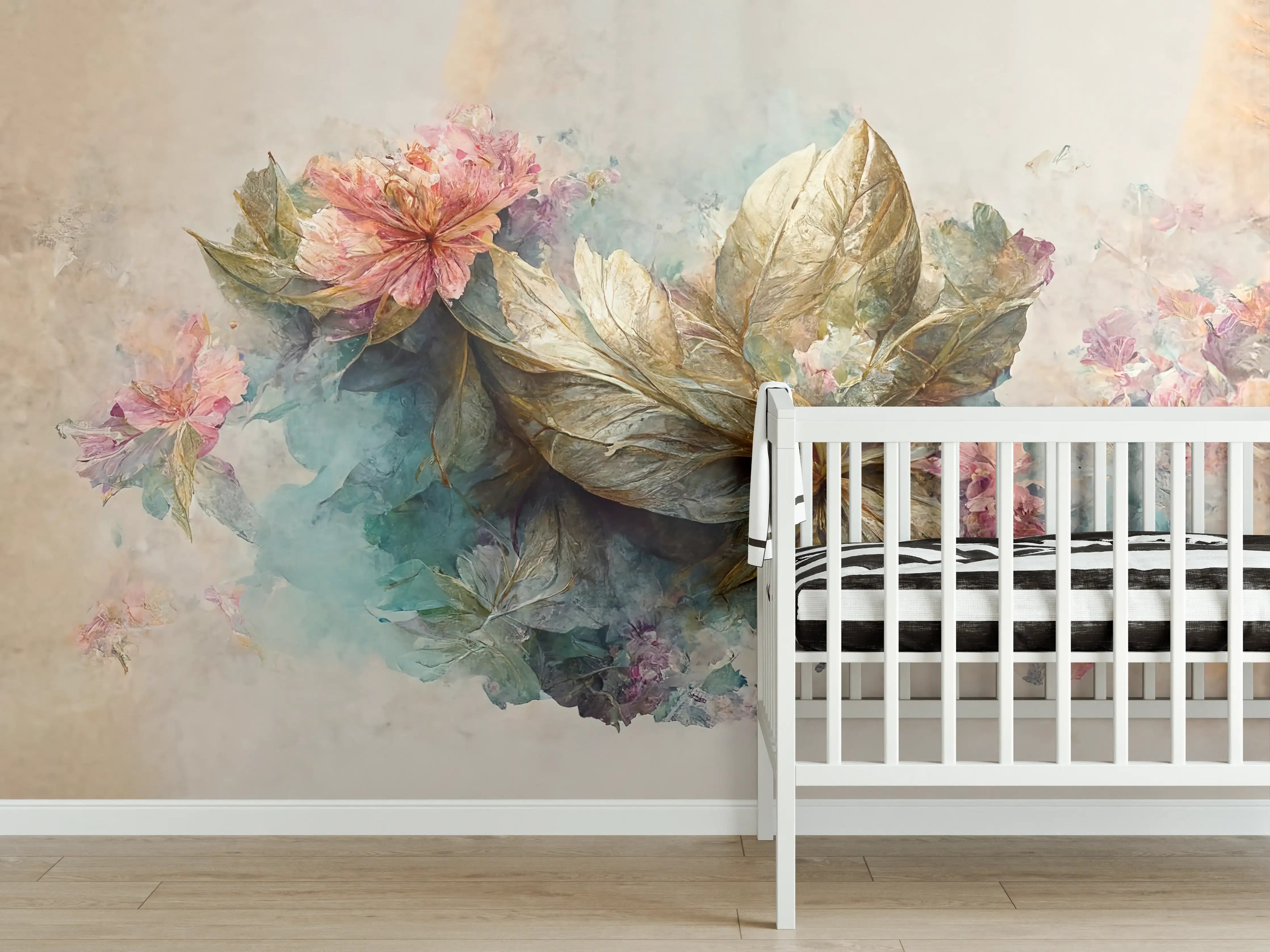 Babyzimmer Wandgestaltung - Blumen und Blätter in Pastellfarben