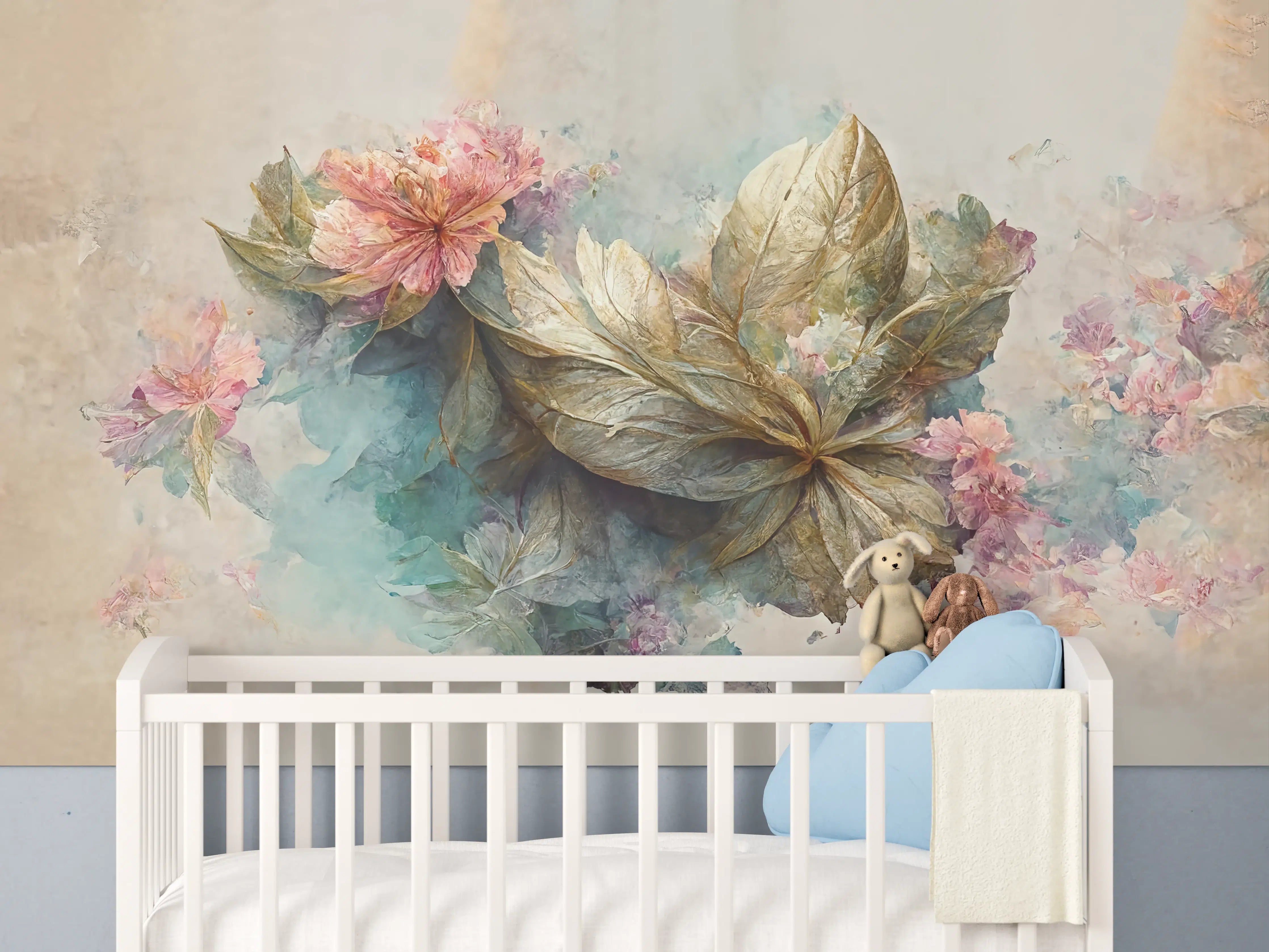 Babyzimmer Wandgestaltung - Blumen und Blätter in Pastellfarben