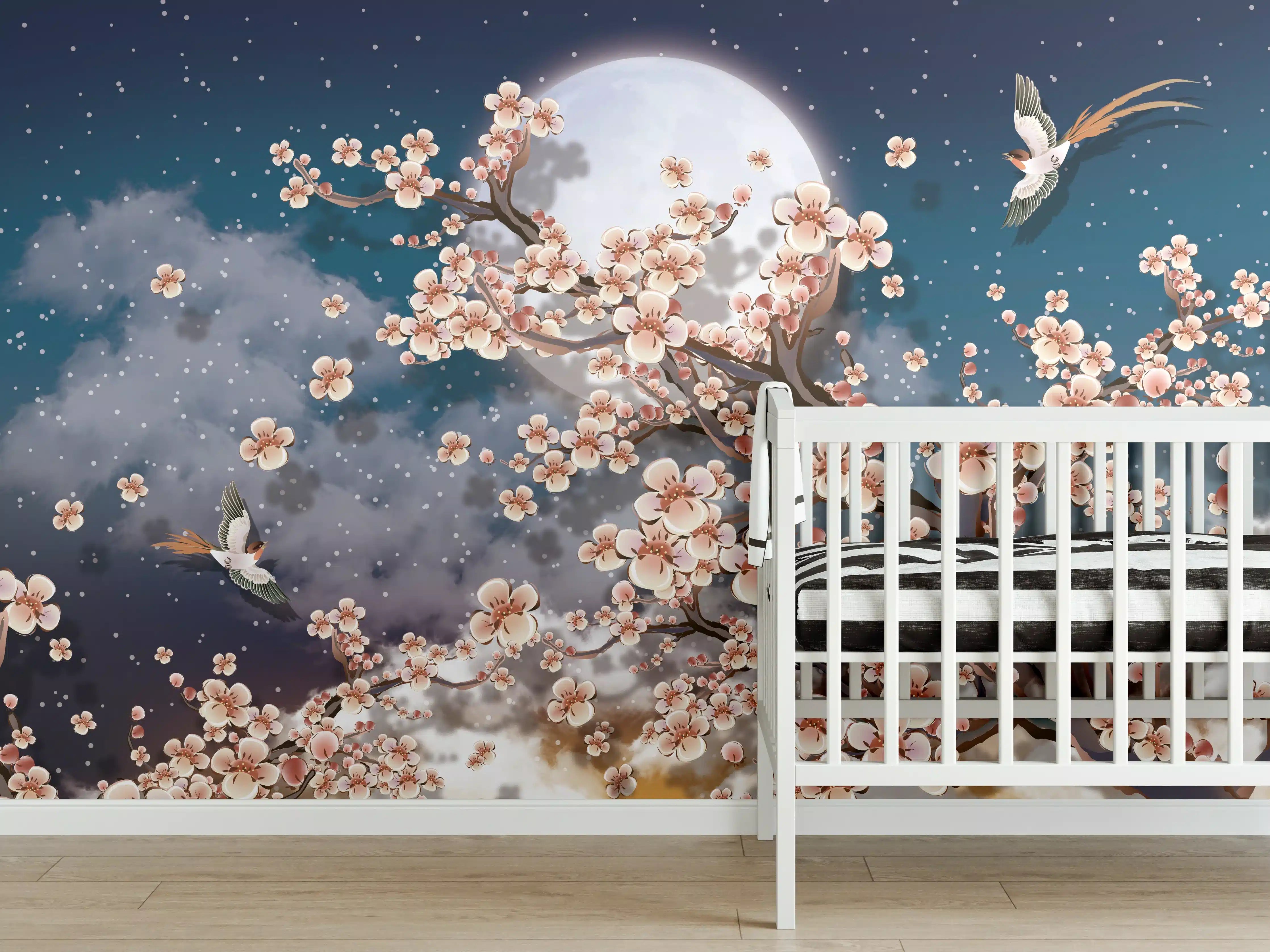 Babyzimmer Wandgestaltung - Blumen und Vögel - Floral