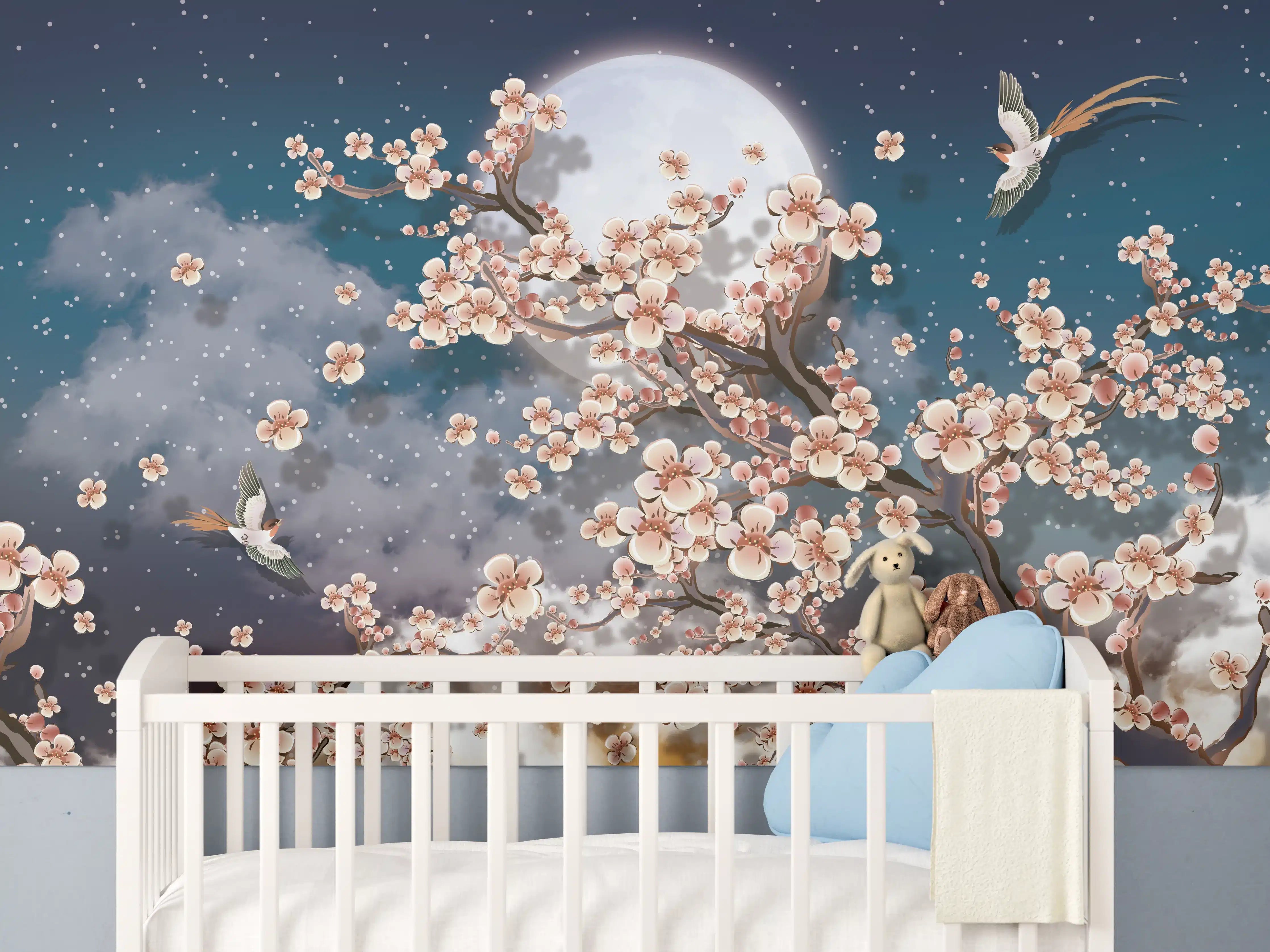 Babyzimmer Wandgestaltung - Blumen und Vögel - Floral