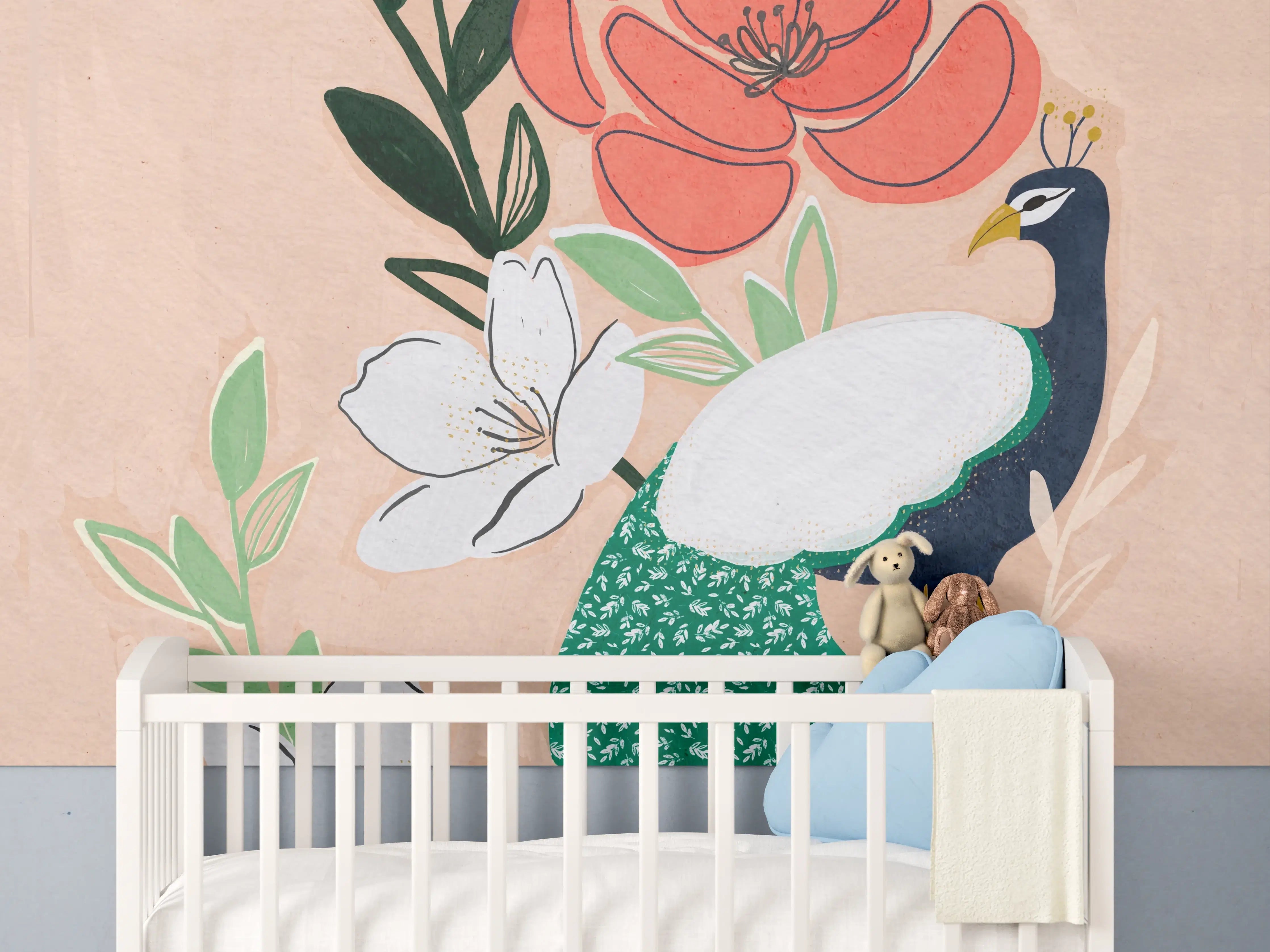 Babyzimmer Wandgestaltung - Blumen, Pfau und Naturmotive in sanften Farben
