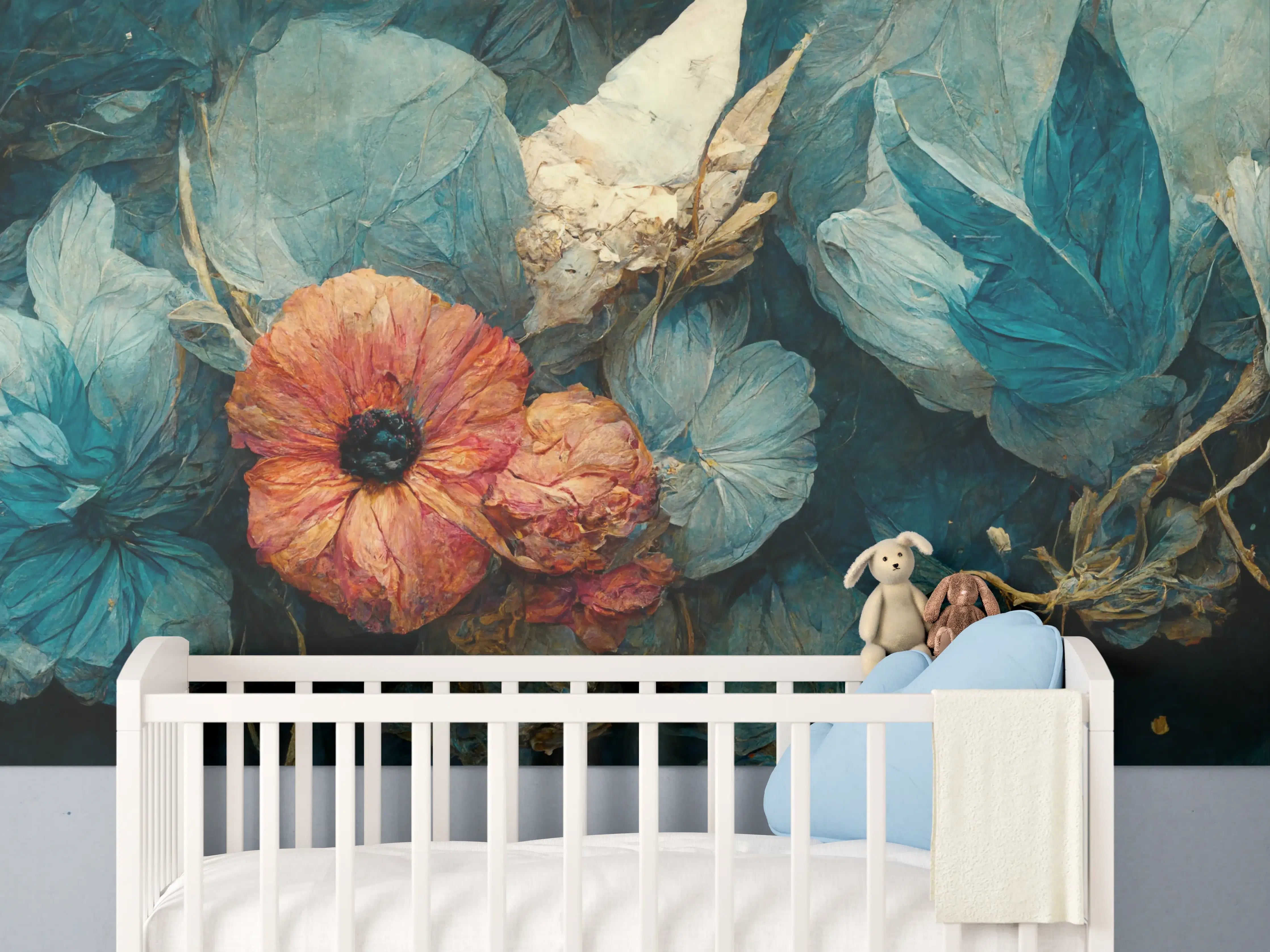 Babyzimmer Wandgestaltung - Blumendetail in Blau und Orange