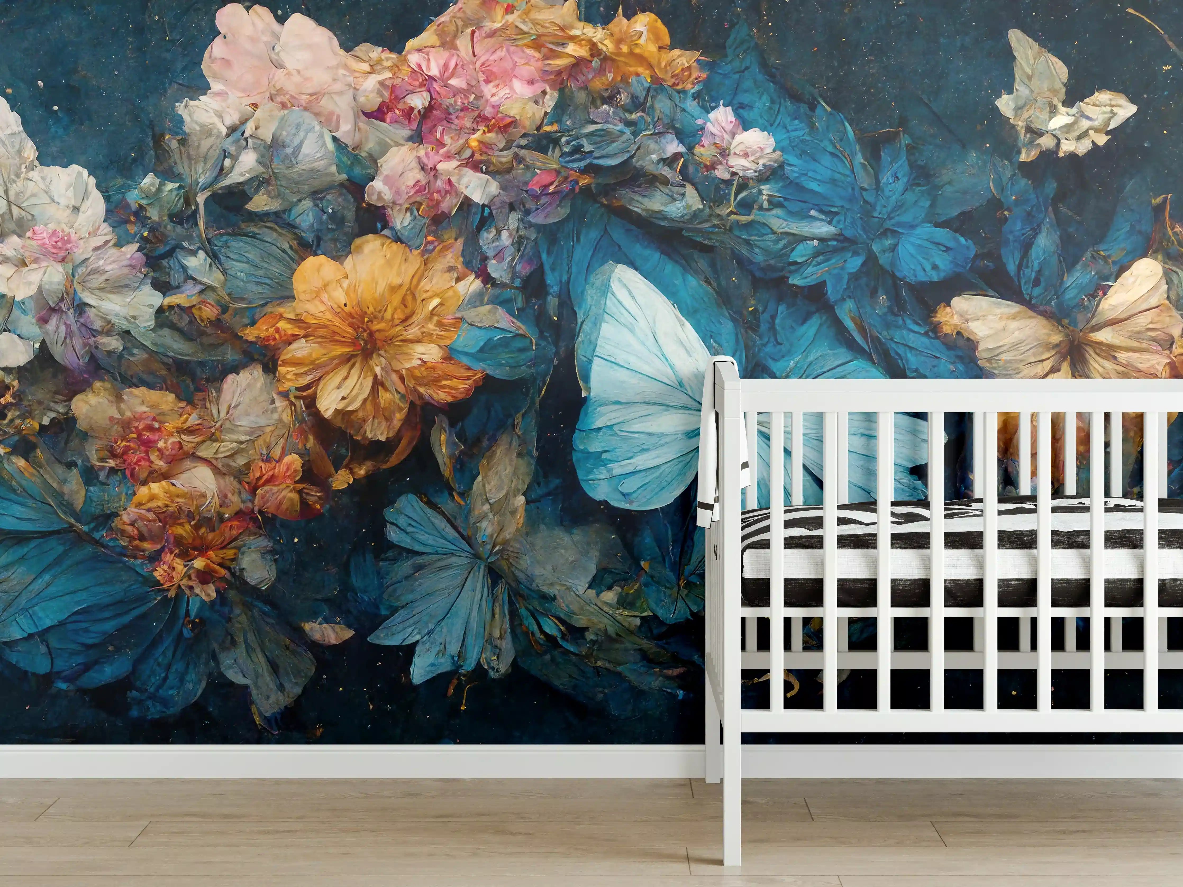 Babyzimmer Wandgestaltung - Blumengirlande mit Schmetterlingen