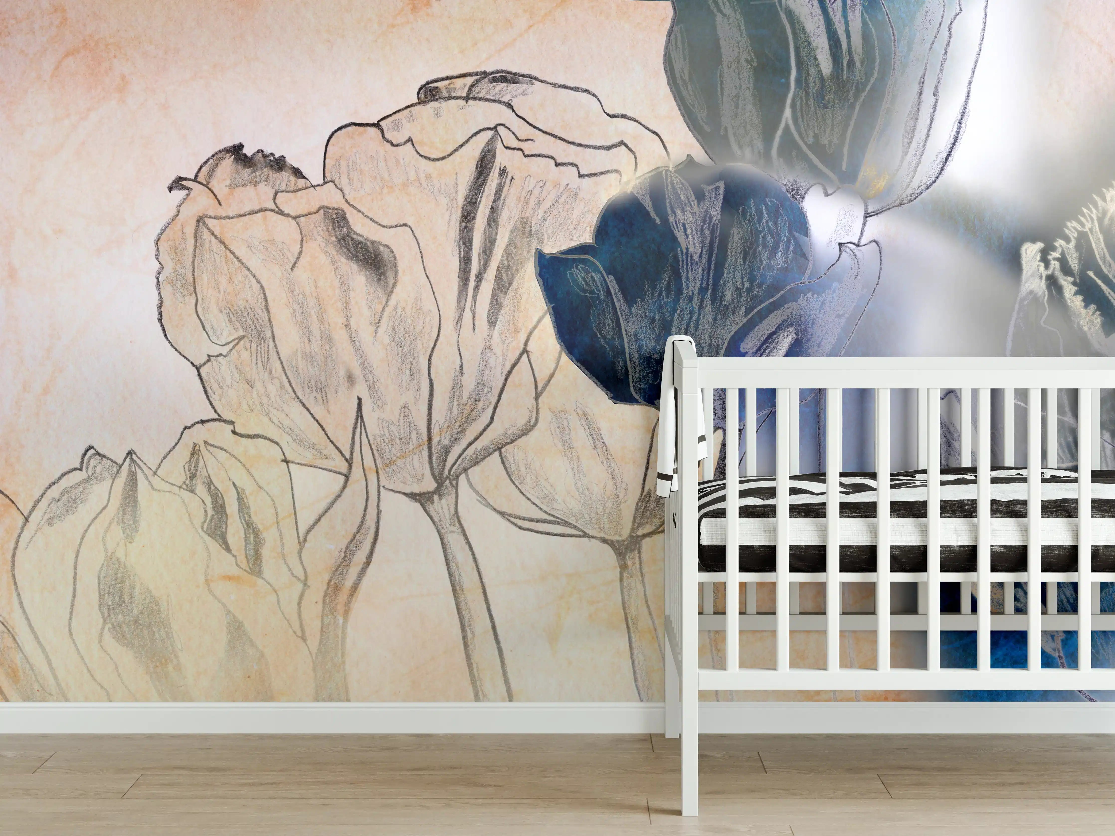 Babyzimmer Wandgestaltung - Blumenillustration in sanften Tönen mit blauen Akzenten