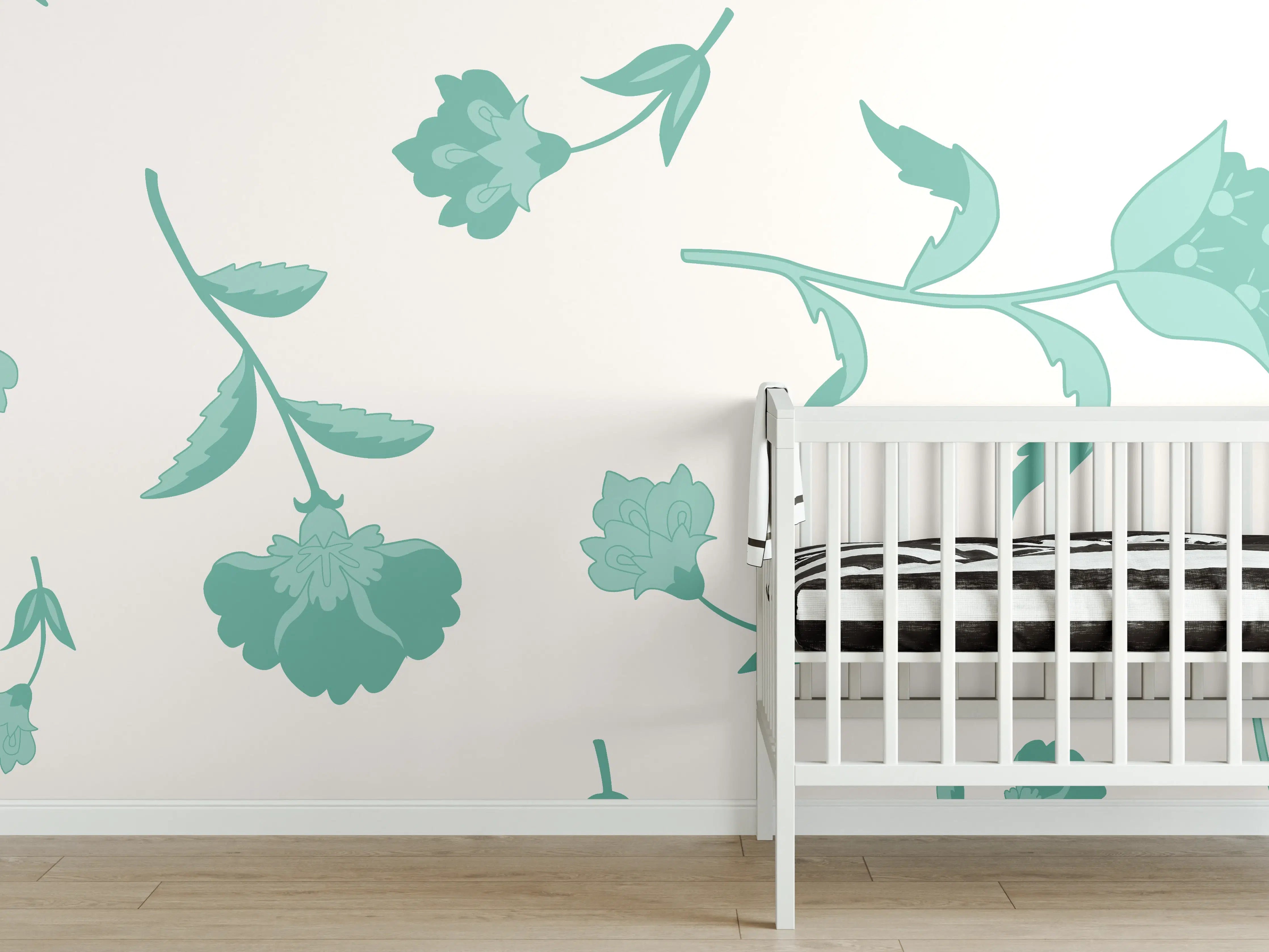 Babyzimmer Wandgestaltung - Blumenmuster Türkis-Weiß