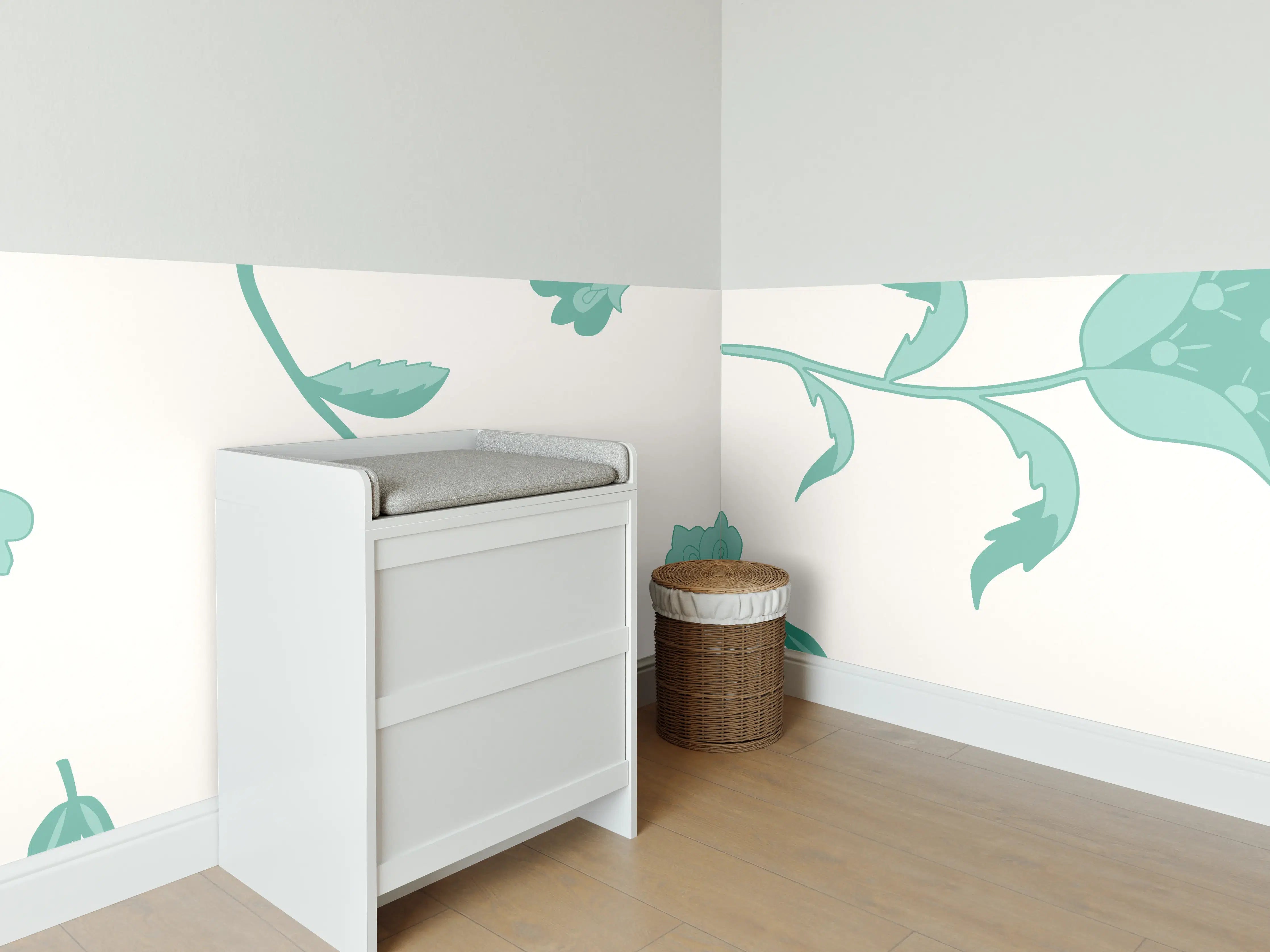 Babyzimmer Wandgestaltung - Blumenmuster Türkis-Weiß
