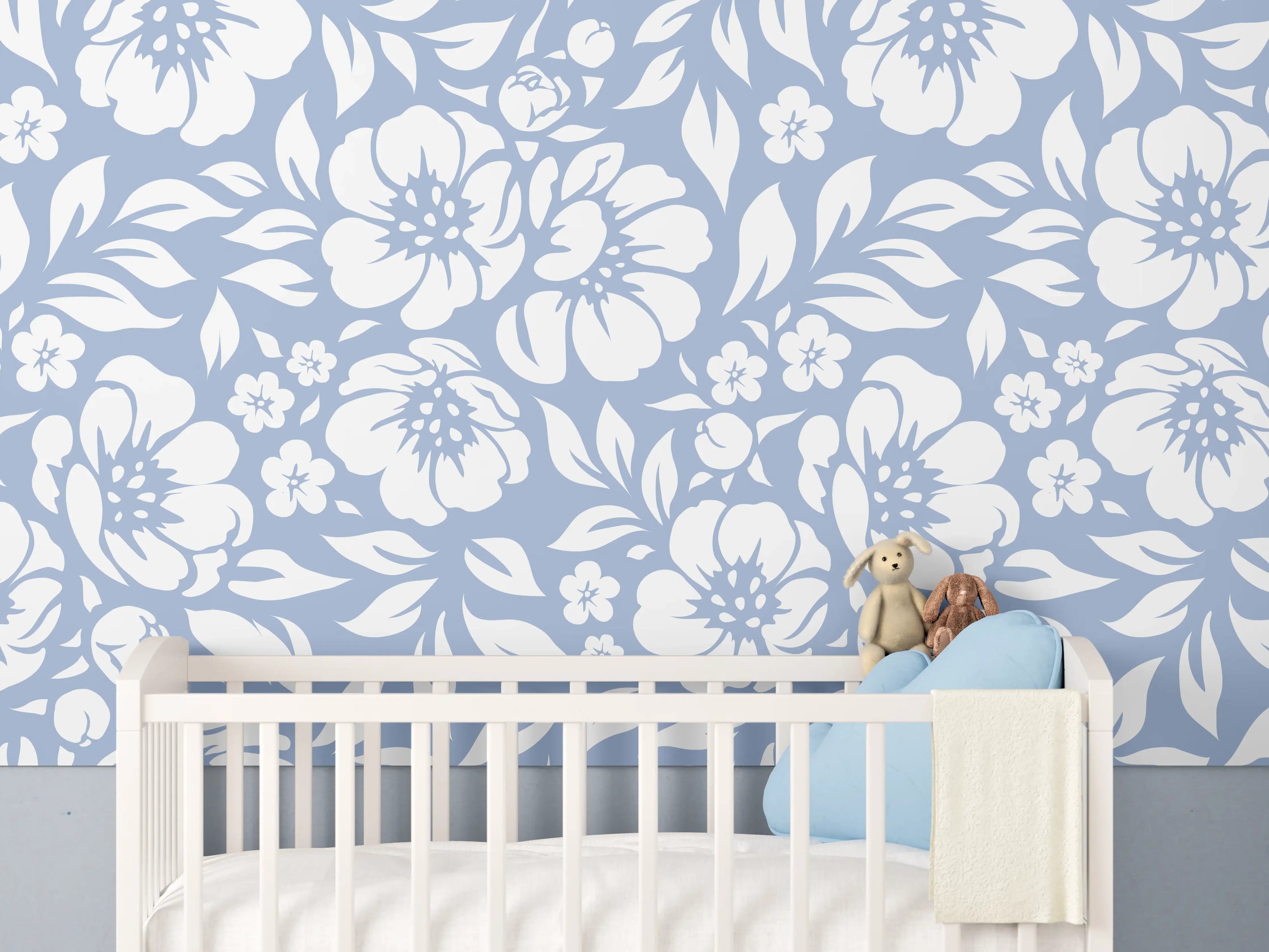 Babyzimmer Wandgestaltung - Blumenmuster in Blau
