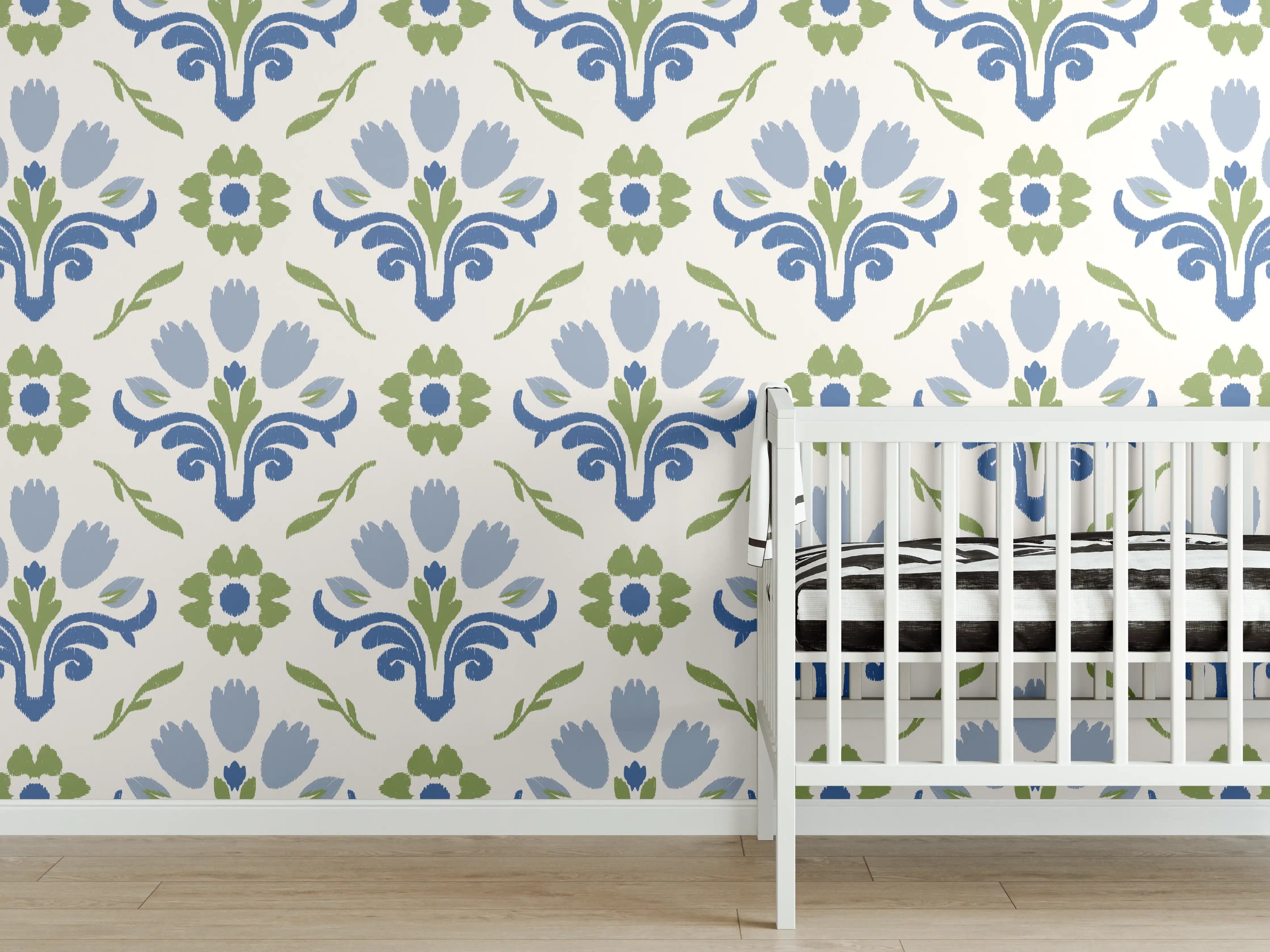 Babyzimmer Wandgestaltung - Blumenmuster in Blau, Grau und Grün