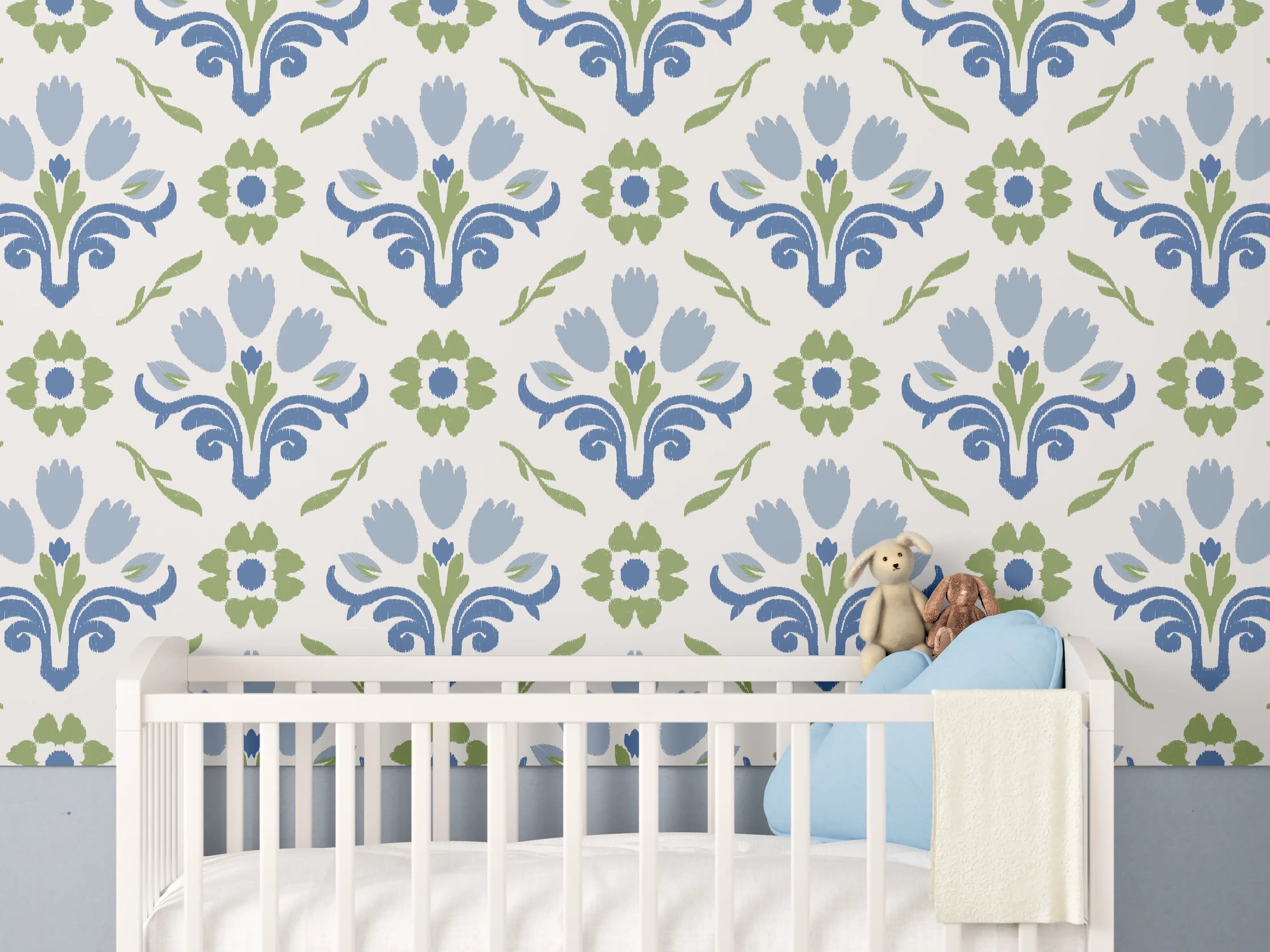 Babyzimmer Wandgestaltung - Blumenmuster in Blau, Grau und Grün
