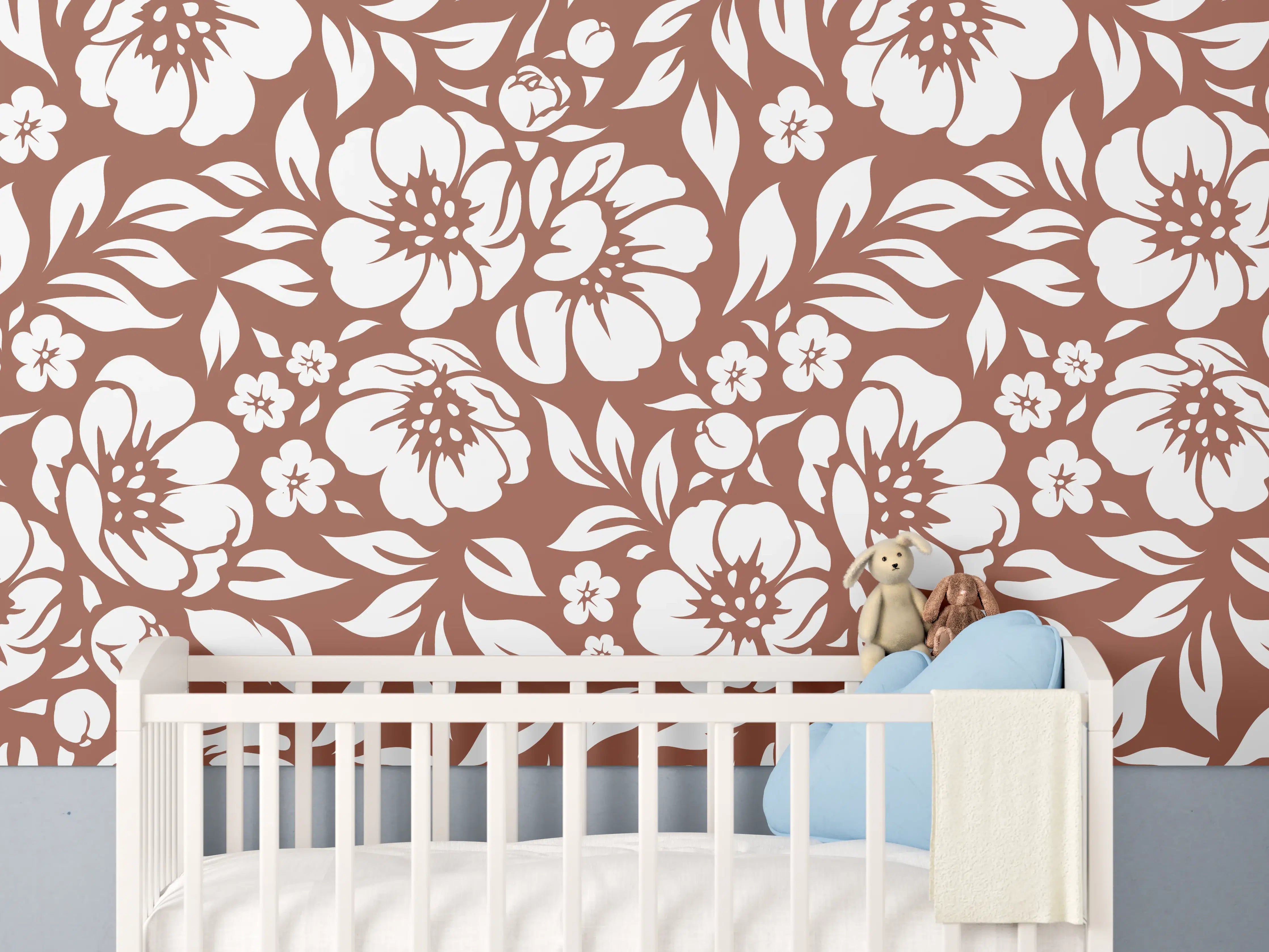 Babyzimmer Wandgestaltung - Blumenmuster in Braun und zarten Grautönen