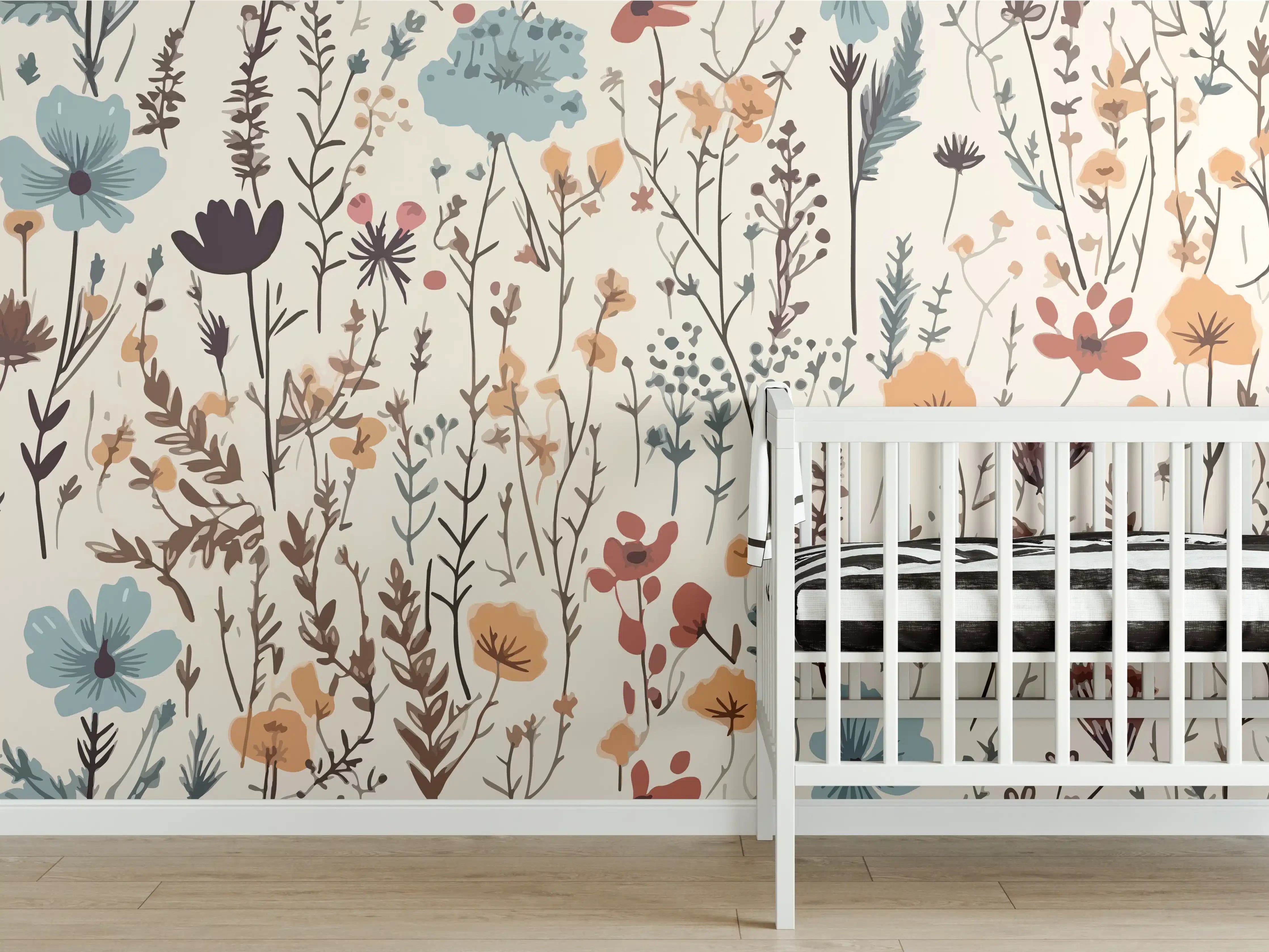 Babyzimmer Wandgestaltung - Blumenmuster in sanften Erdtönen