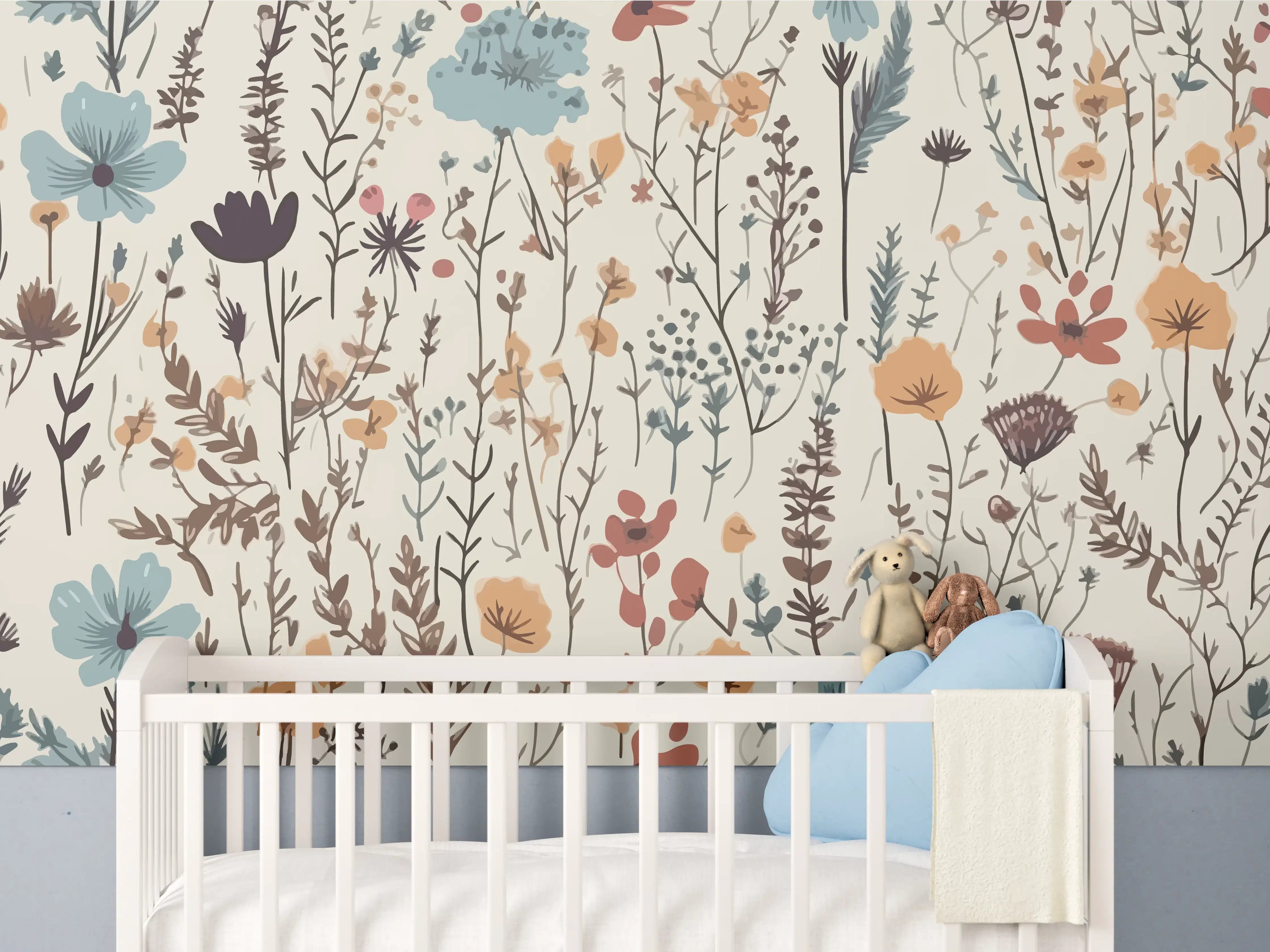Babyzimmer Wandgestaltung - Blumenmuster in sanften Erdtönen