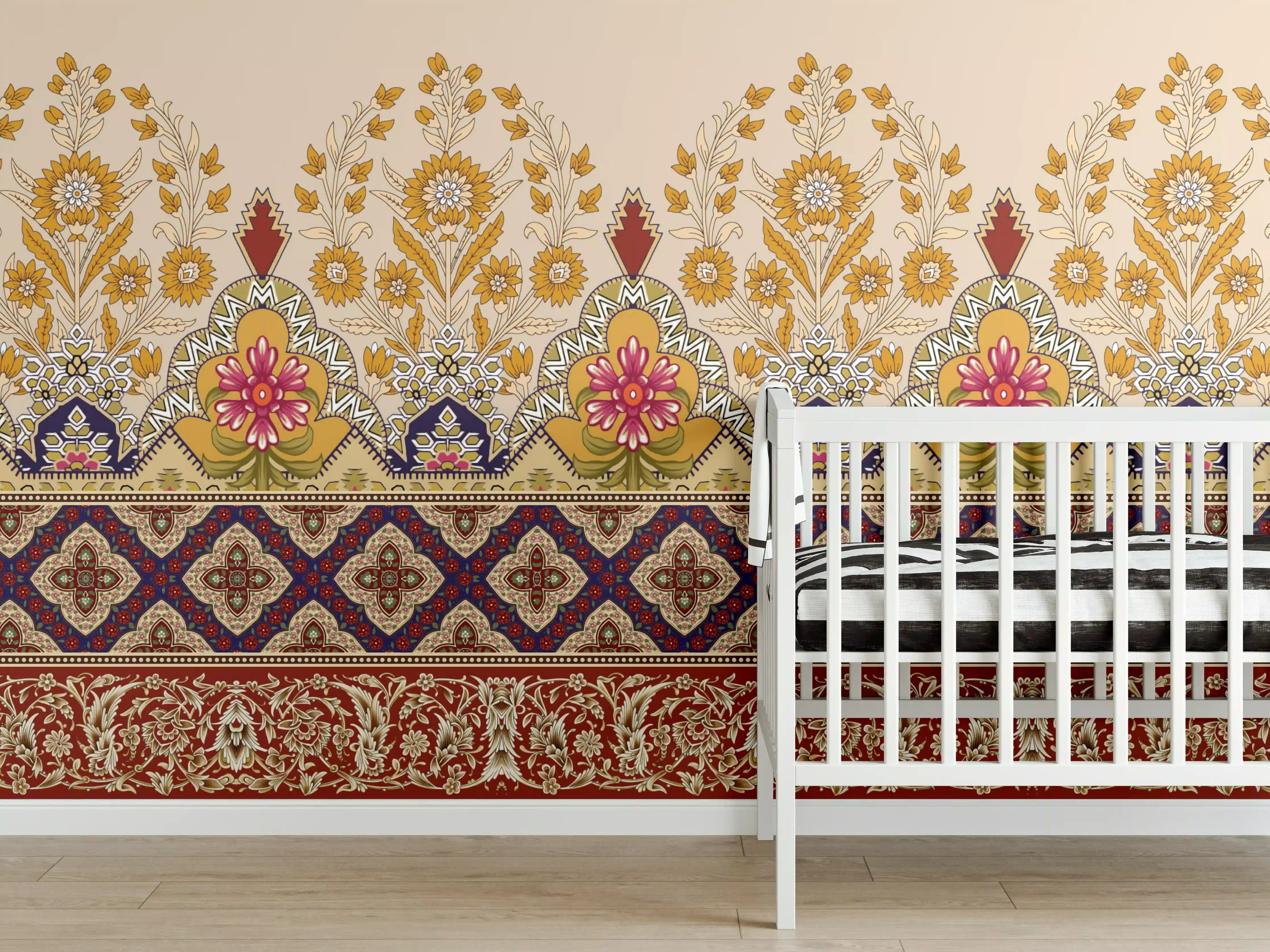 Babyzimmer Wandgestaltung - Blumenmuster mit Goldakzenten