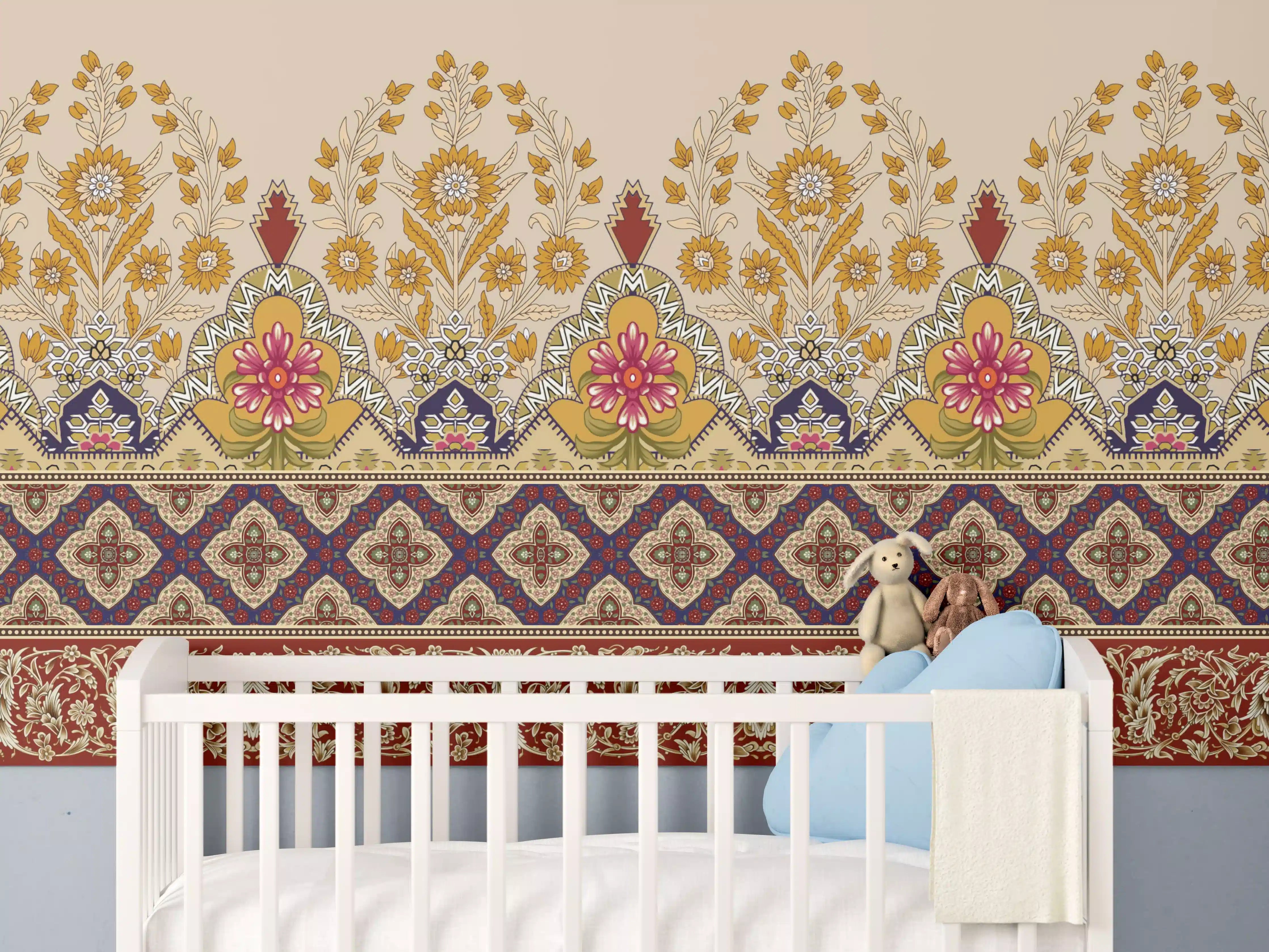 Babyzimmer Wandgestaltung - Blumenmuster mit Goldakzenten